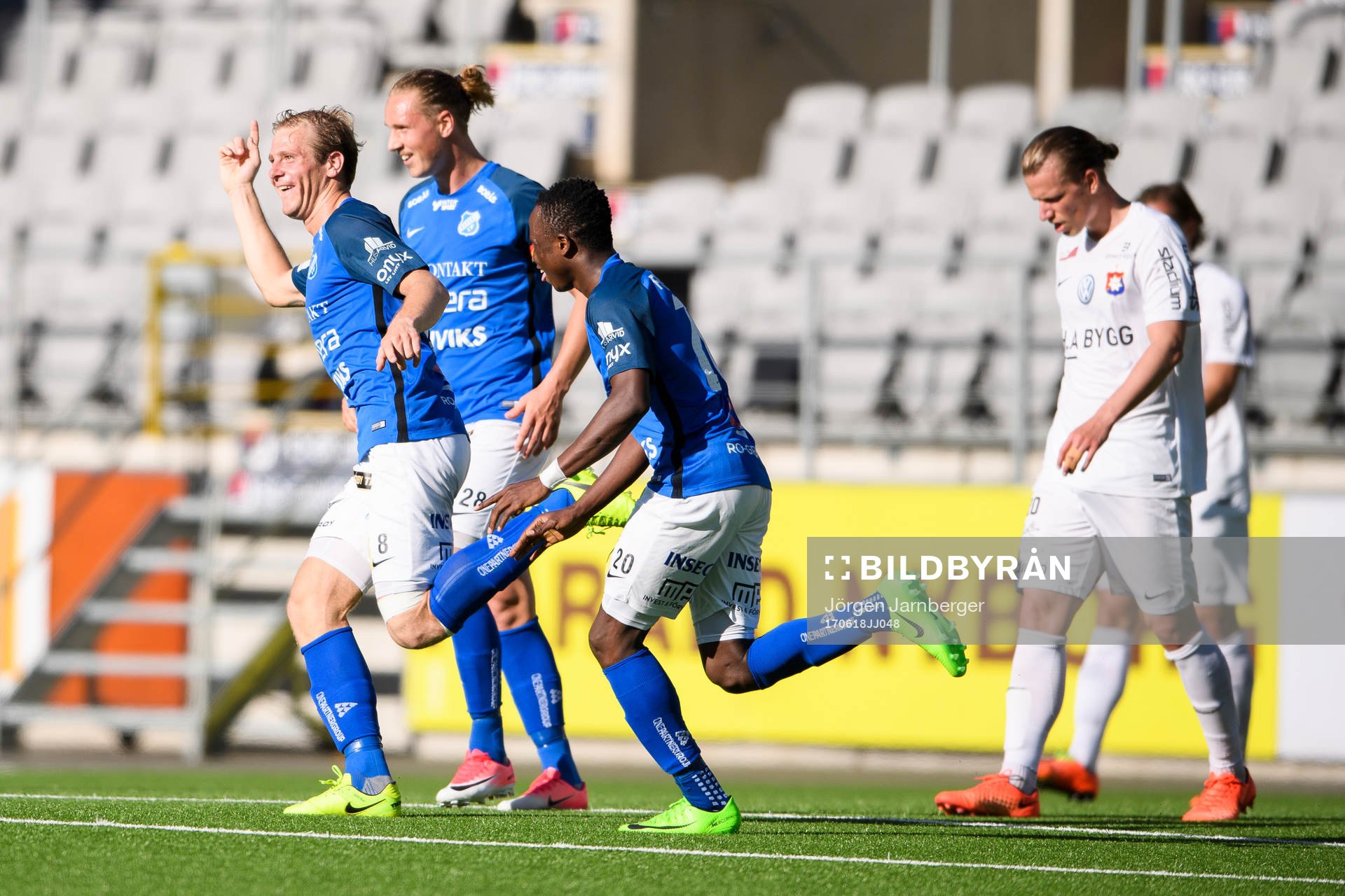 Norrbys Nicklas Savolainen jublar efter att gjort mål  under fotbollsmatchen i Superettan mellan Norrby och Örgryte den 18 juni 2017 i Borås.