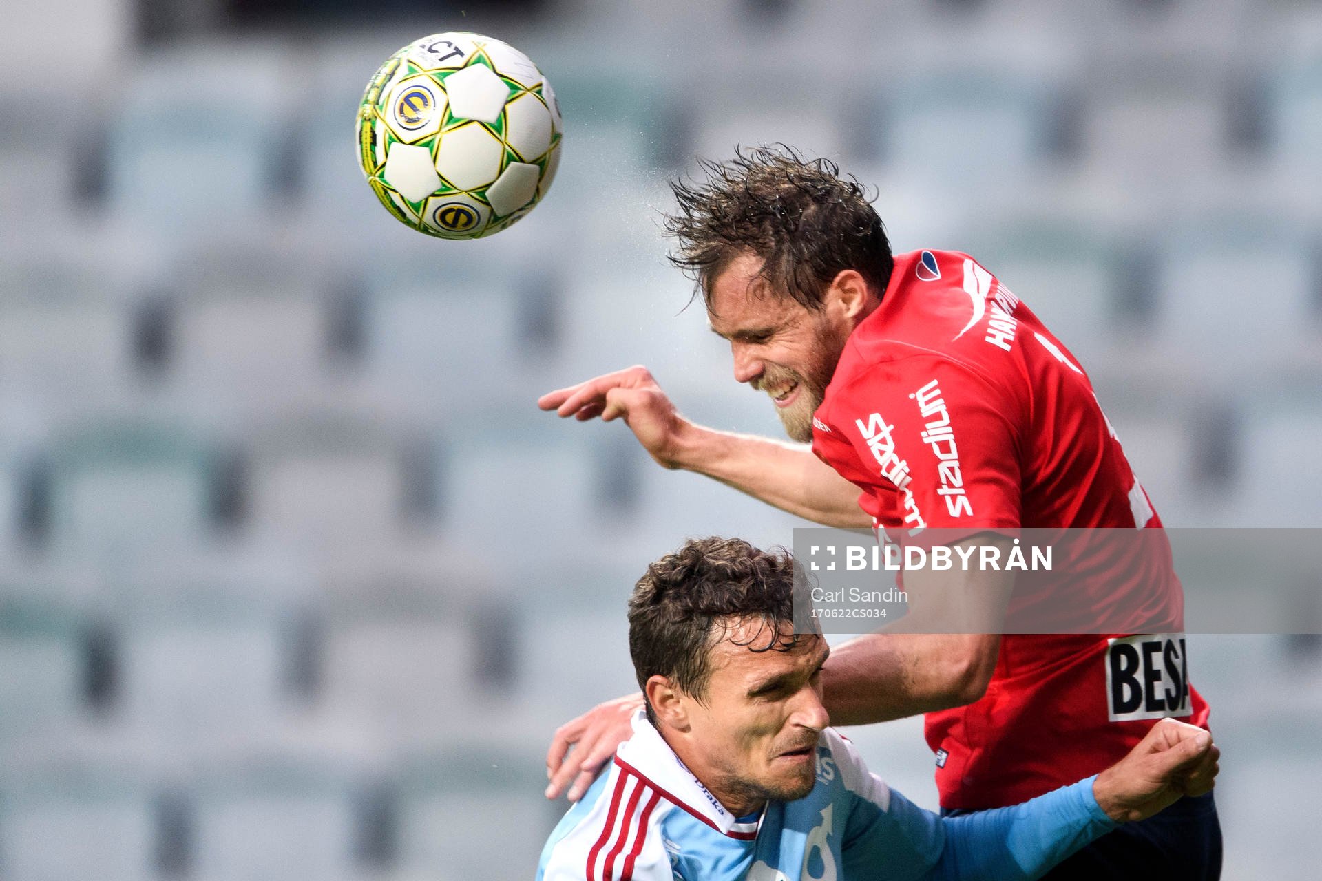 Degerfors Shpetim Hasani i nickduell med Örgrytes Johan Elmander under fotbollsmatchen i Superettan mellan Örgryte och Degerfors den 22 juni 2017 i Göteborg.
