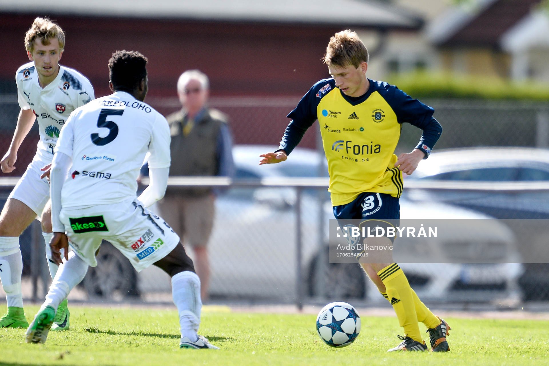Ängelholms Edvin Nilsson under fotbollsmatchen i Division 1 Södra mellan Ängelholm och Rosengård den 25 juni 2017 i Ängelholm.