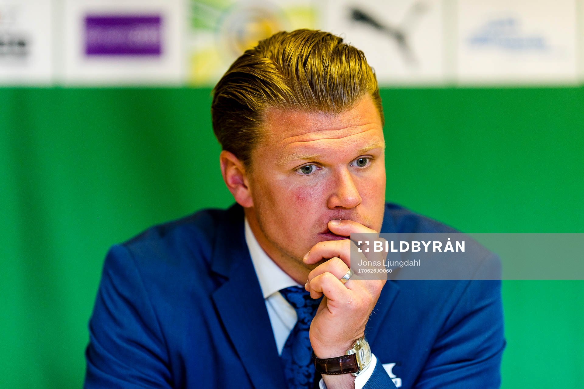 Värnamos tränare Christian Järdler under presskonferensen efter fotbollsmatchen i Superettan mellan Värnamo och Helsingborg den 26 juni 2017 i Värnamo.