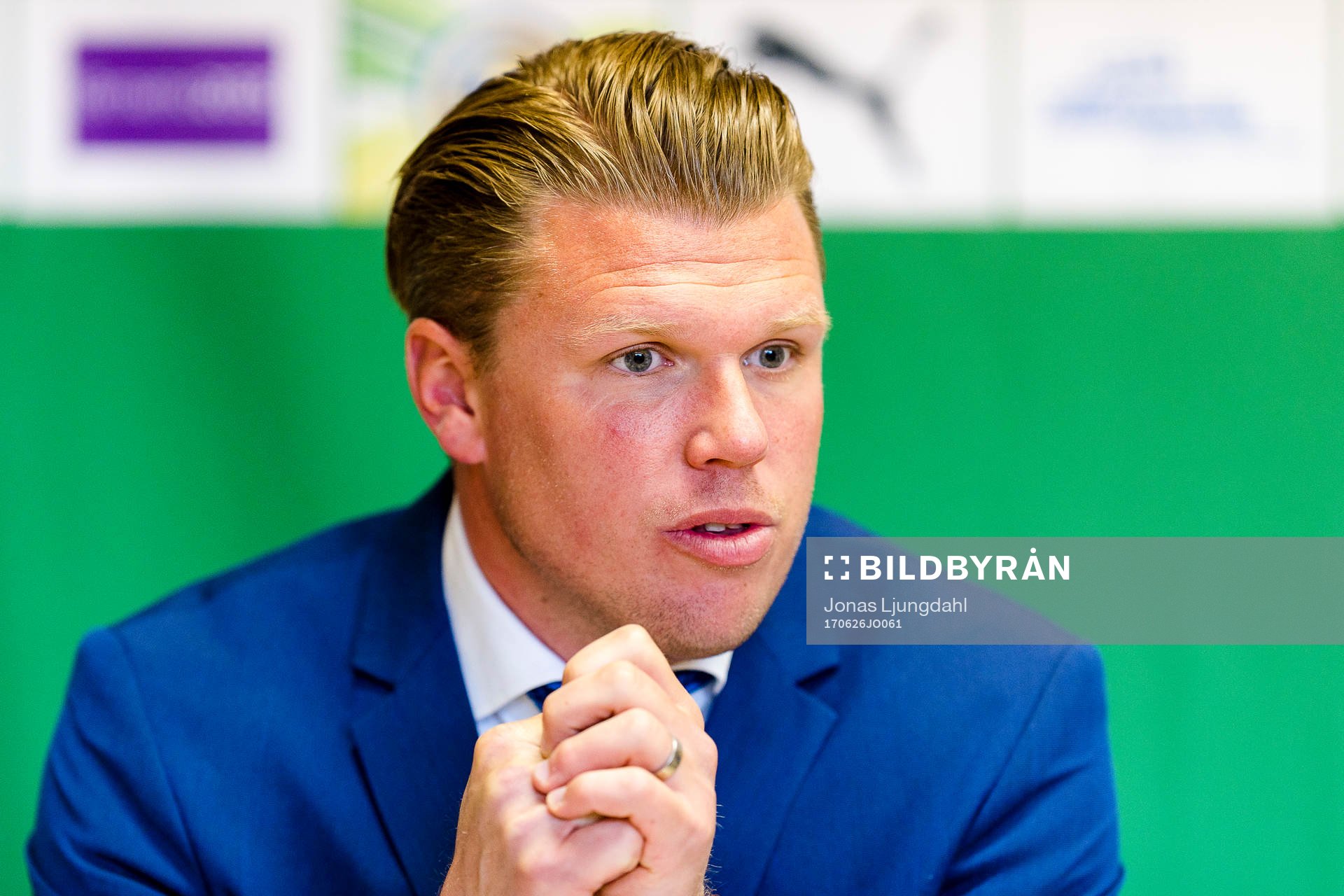 Värnamos tränare Christian Järdler under presskonferensen efter fotbollsmatchen i Superettan mellan Värnamo och Helsingborg den 26 juni 2017 i Värnamo.