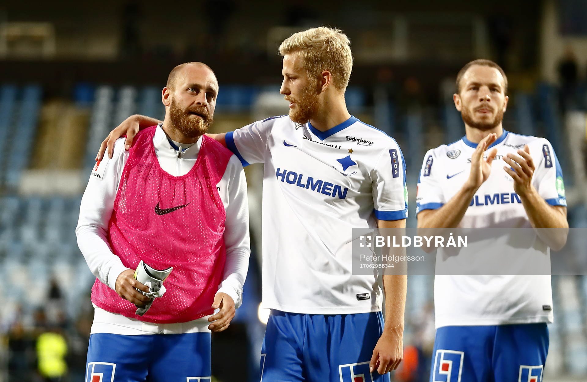 Norrköpings Daniel Sjölund, Filip Dagerstål och Jón Gudni Fjóluson under fotbollsmatchen i kvalet till Europa League mellan Norrköping och Prishtina den 29 juni 2017 i Norrköping.