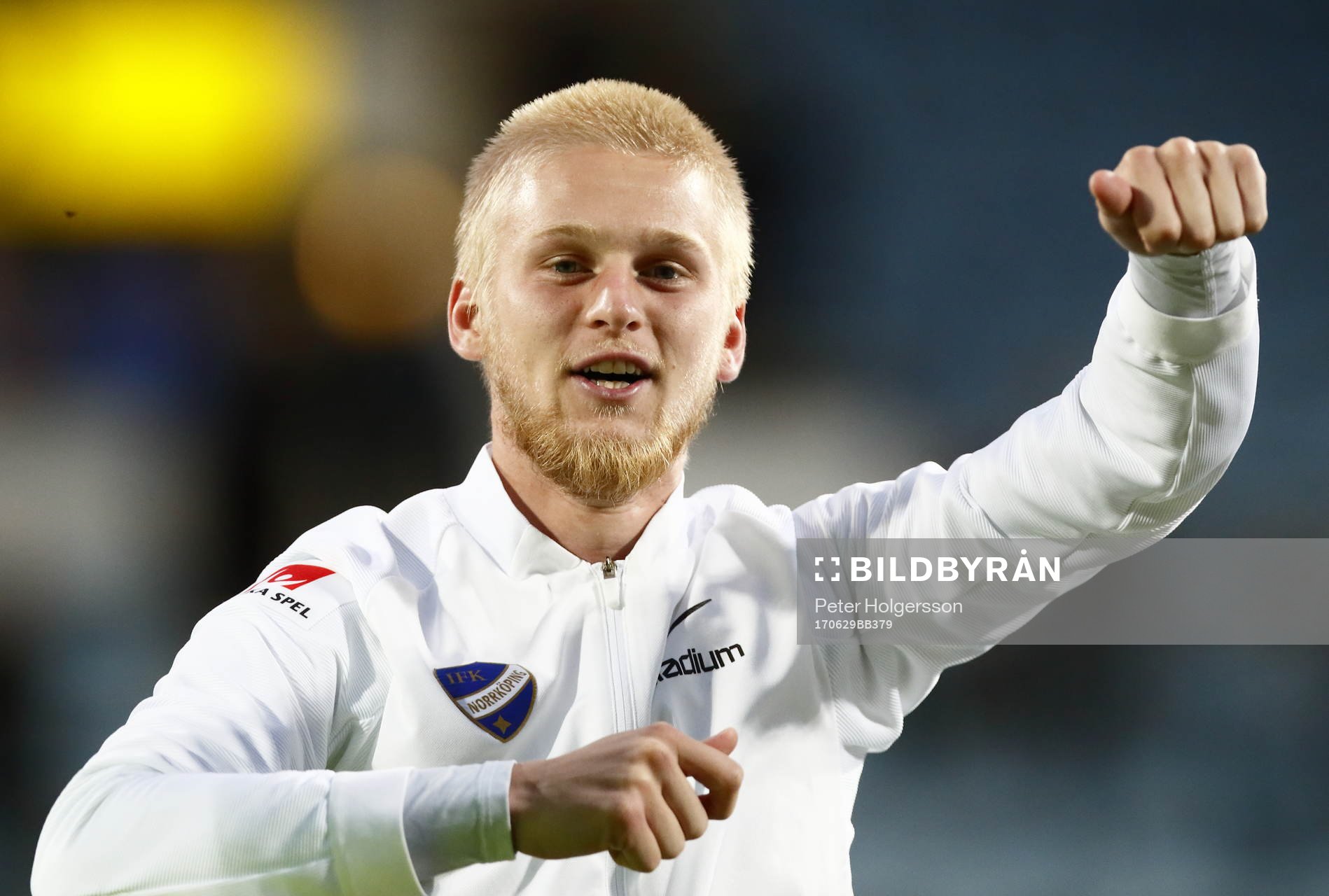 Norrköpings Kalle Holmberg jublar under fotbollsmatchen i kvalet till Europa League mellan Norrköping och Prishtina den 29 juni 2017 i Norrköping.