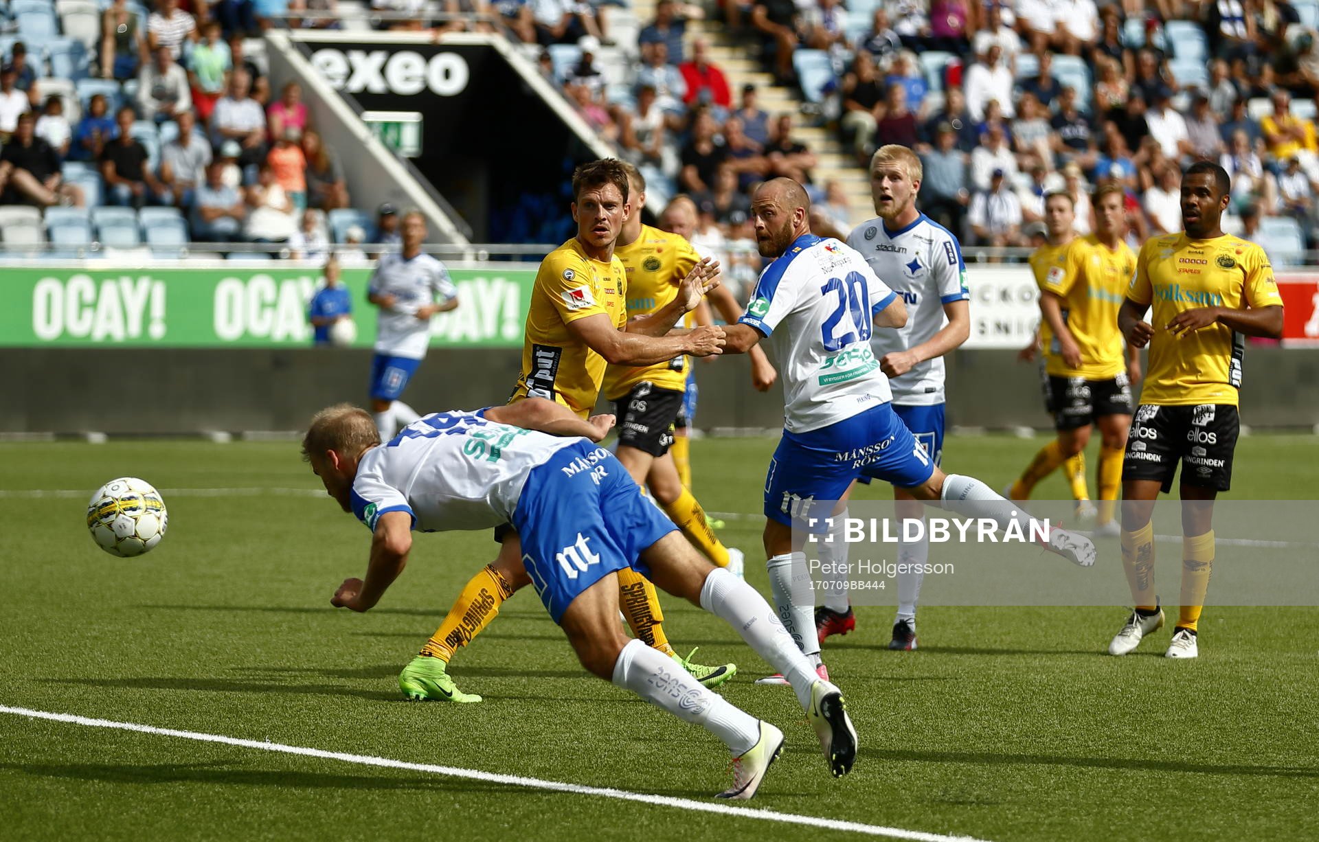 Målchans för Norrköpings Sebastian Andersson under fotbollsmatchen i Allsvenskan mellan Norrköping och Elfsborg den 9 juli 2017 i Norrköping.