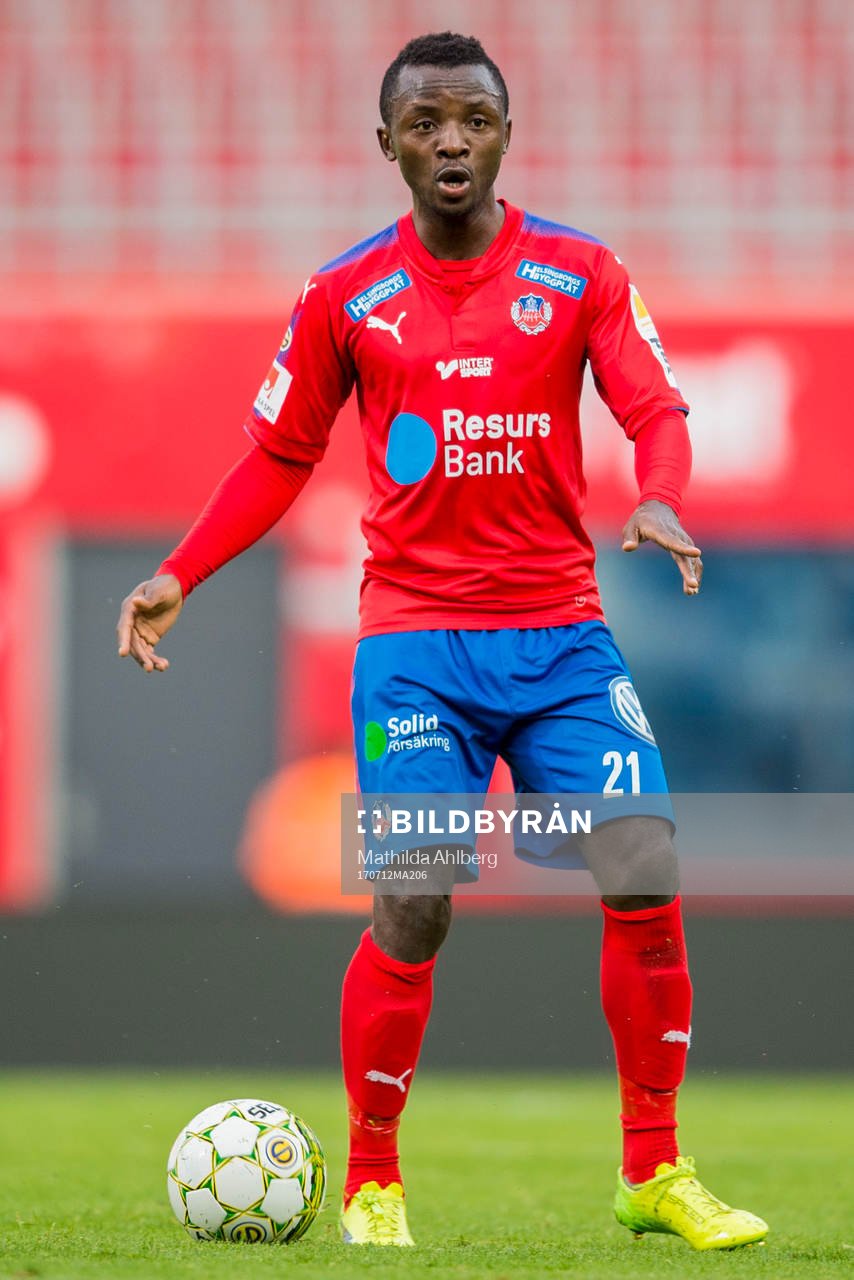 Helsingborgs Monday Samuel under träningsmatchen i fotboll mellan Helsingborg och Fremad Amager den 12 juli 2017 i Falsterbo.