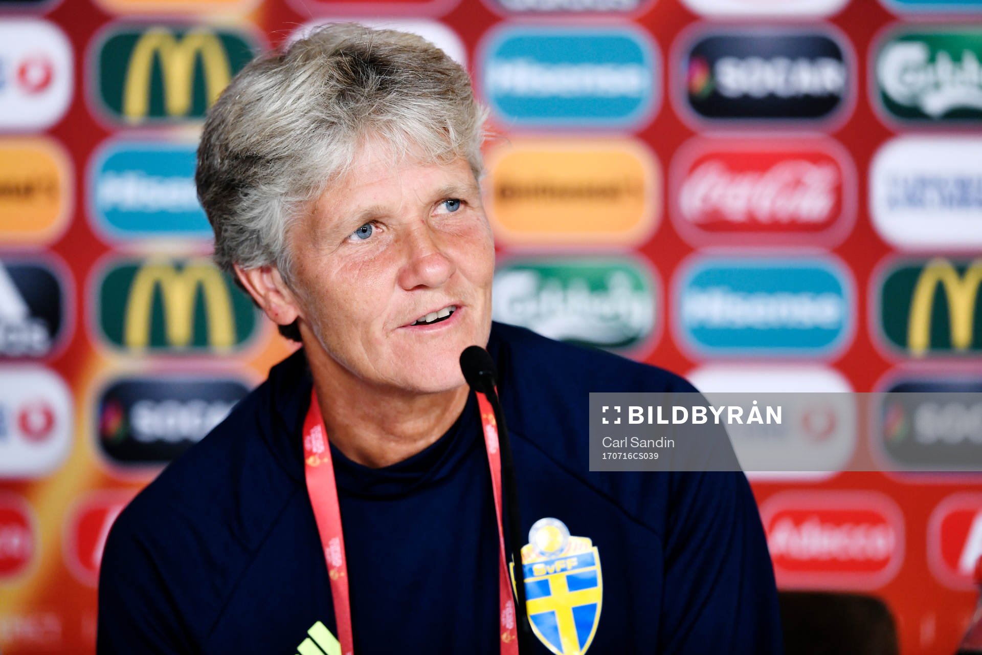 Förbundskapten Pia Sundhage under en presskonferens med Sverige inför fotbolls-EM den 16 juli 2017 i Breda.