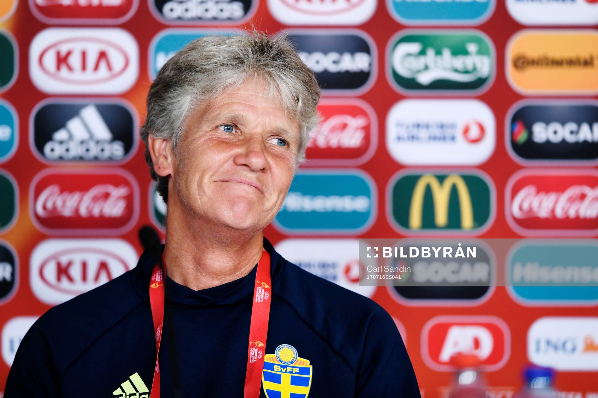 Förbundskapten Pia Sundhage under en presskonferens med Sverige inför fotbolls-EM den 16 juli 2017 i Breda.
