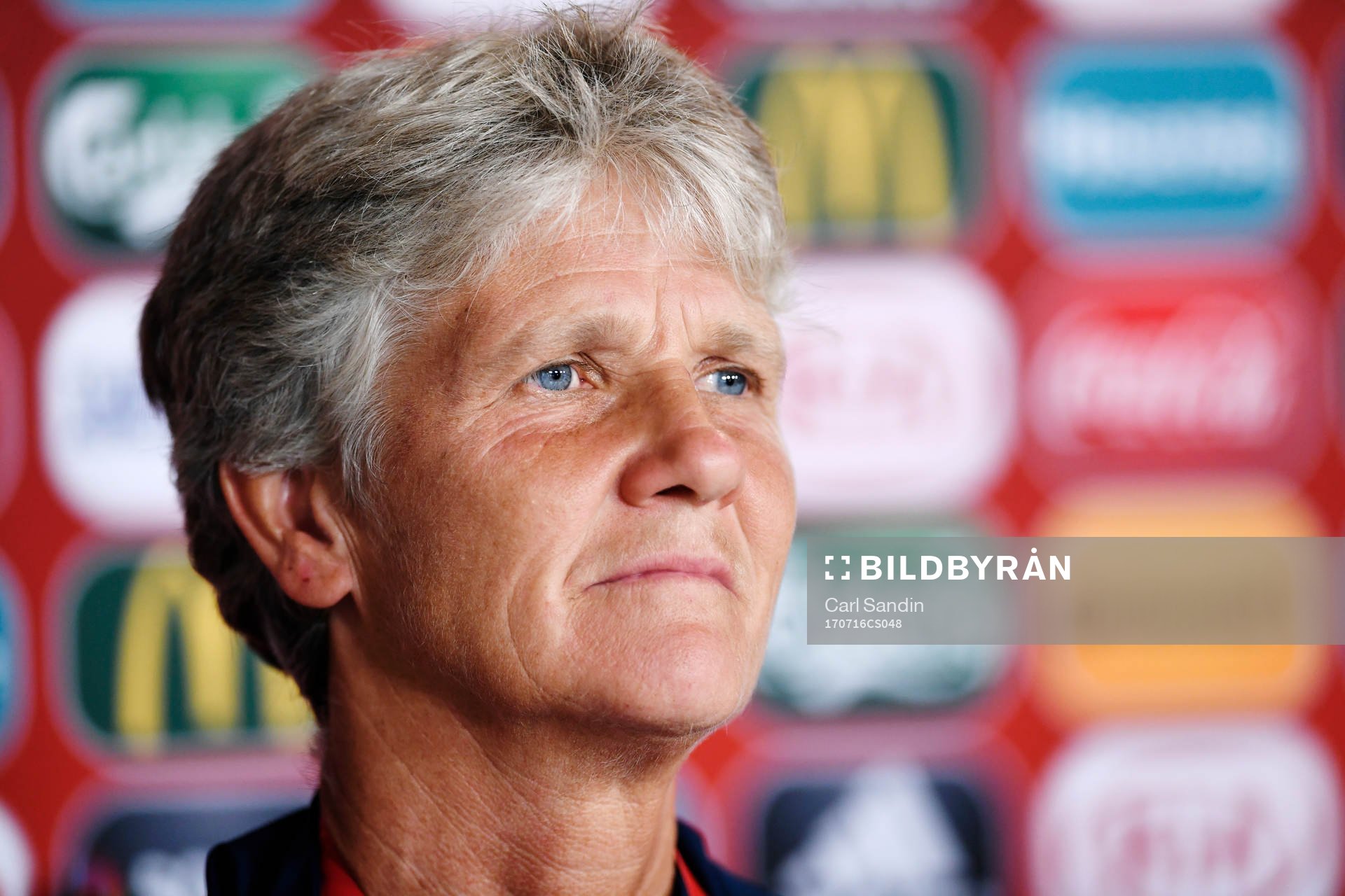Förbundskapten Pia Sundhage under en presskonferens med Sverige inför fotbolls-EM den 16 juli 2017 i Breda.