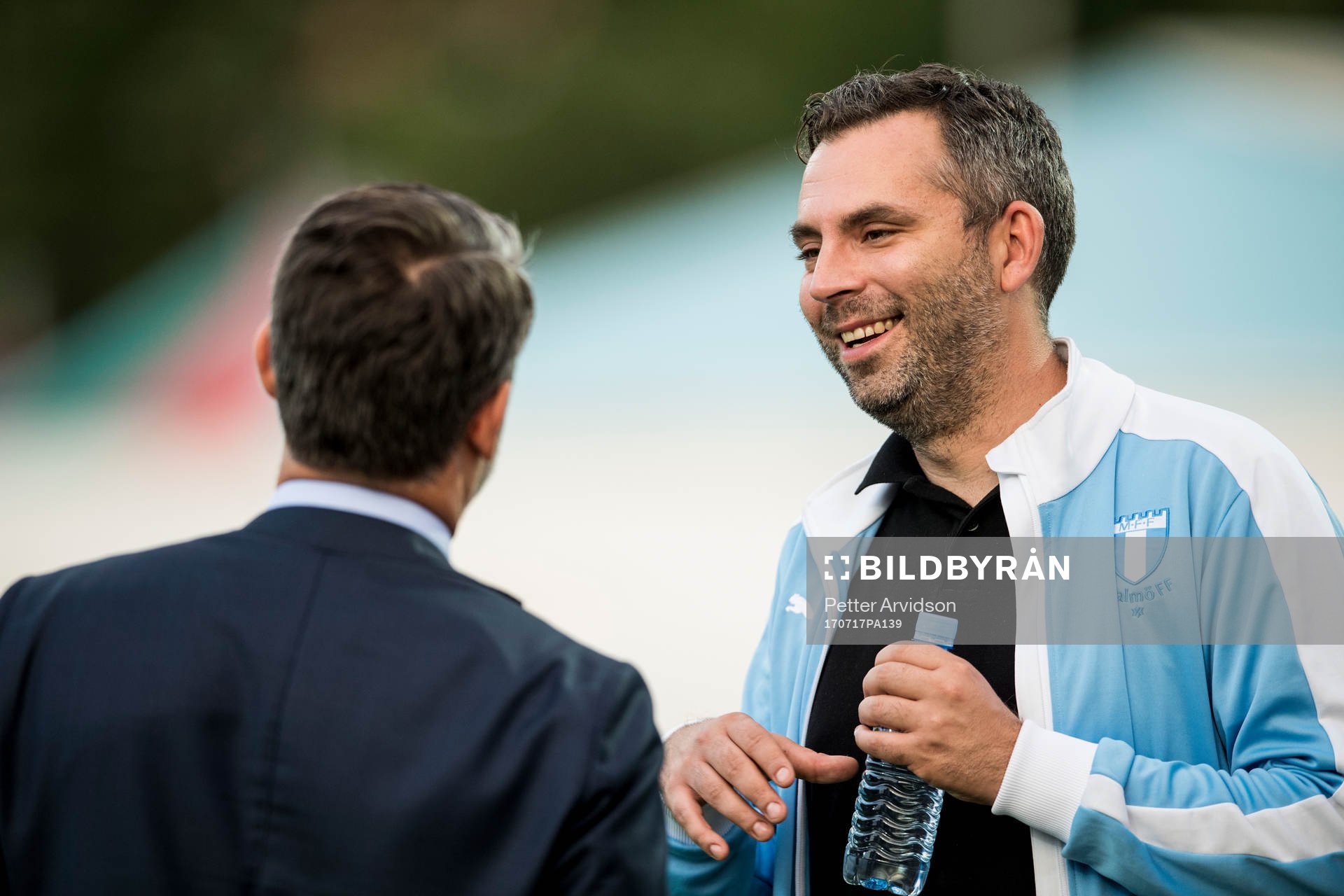Malmö FF:s supporterombudsman Pierre Nordberg under en träning inför kvalet till Champions League den 17 juli 2017 i Strumica.