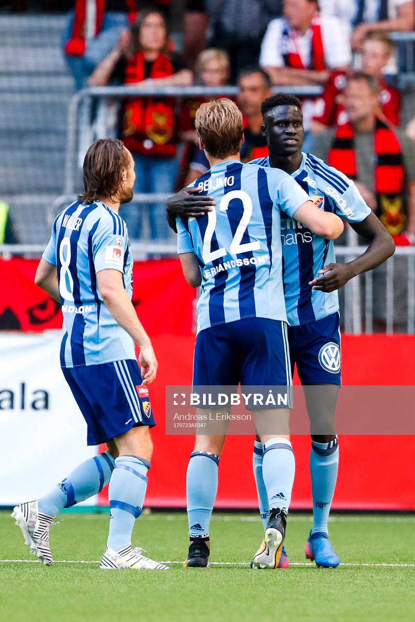 Djurgårdens Felix Beijmo och Kevin Walker jublar med Aliou