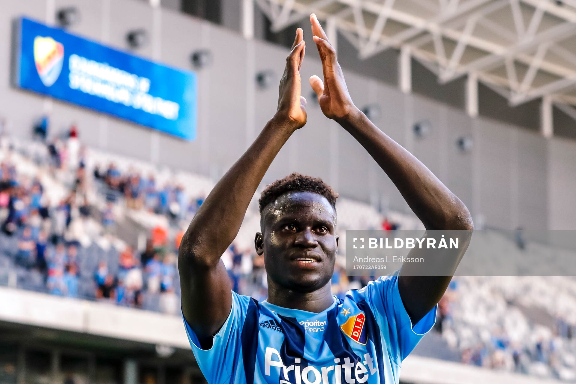Djurgårdens Aliou Badji jublar efter  fotbollsmatchen i Allsvenskan mellan Djurgården och Östersund den 23 juli 2017 i Stockholm. 