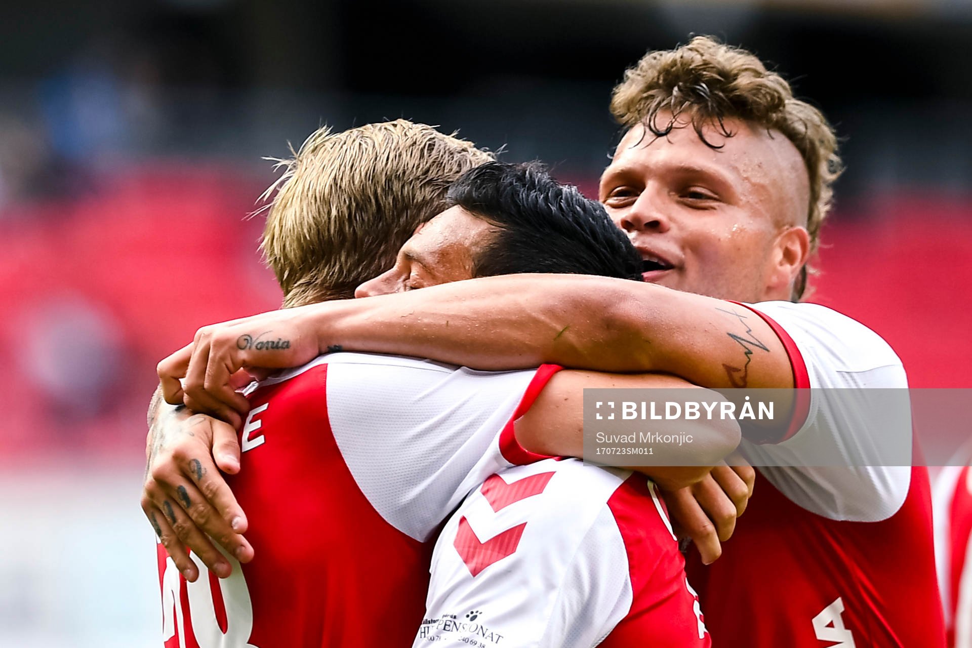 Kalmars spelare jublar efter 1-0 av Romário Pereira Sipião under fotbollsmatchen i Allsvenskan mellan Kalmar och AFC Eskilstuna den 23 juli 2017 i Kalmar.