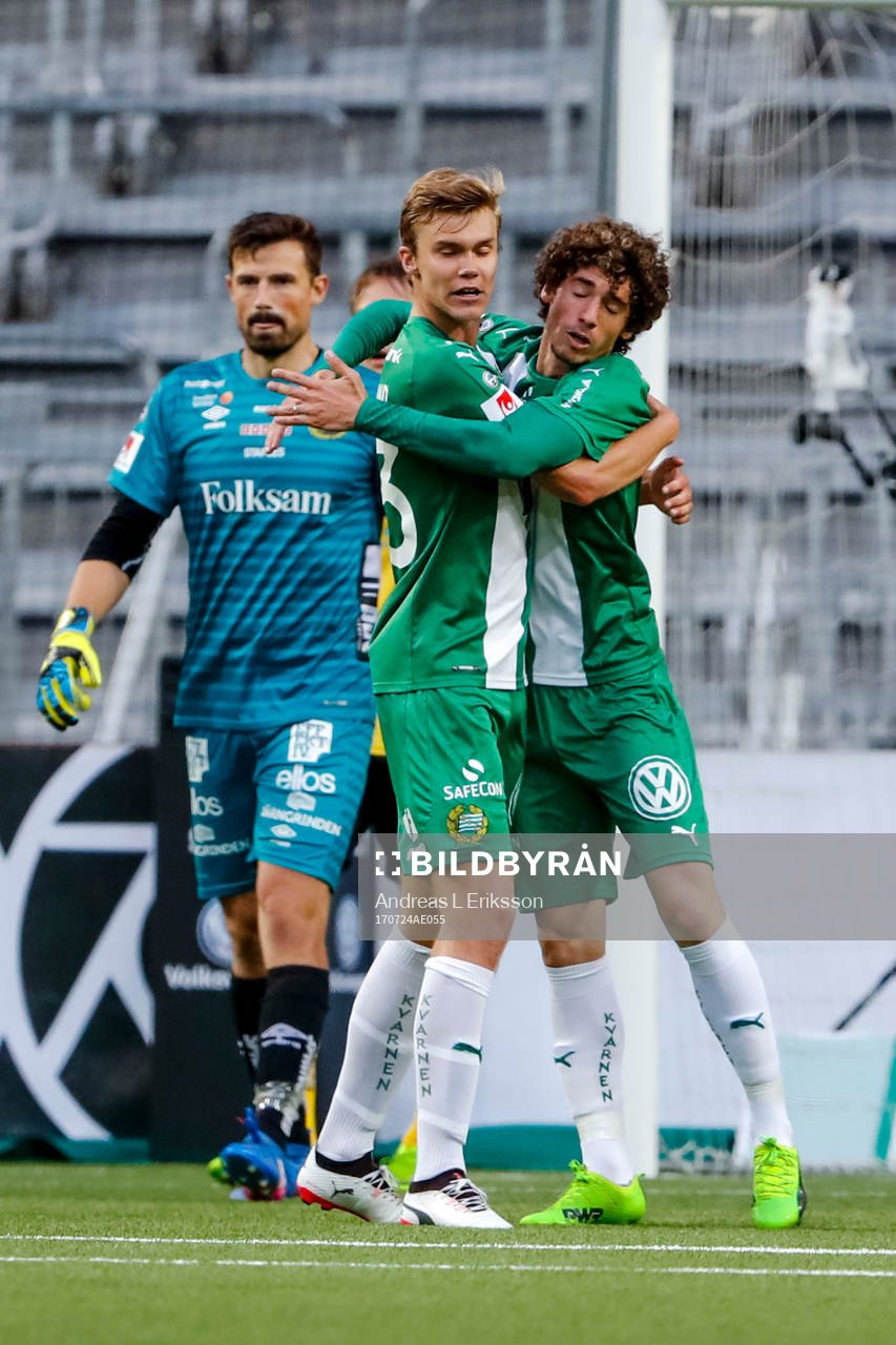 Hammarbys Marcus Degerlund och Romulo Cabral Pereira Pinto jublar efter fotbollsmatchen i Allsvenskan mellan Hammarby och Elfsborg den 24 juli 2017 i Stockholm.