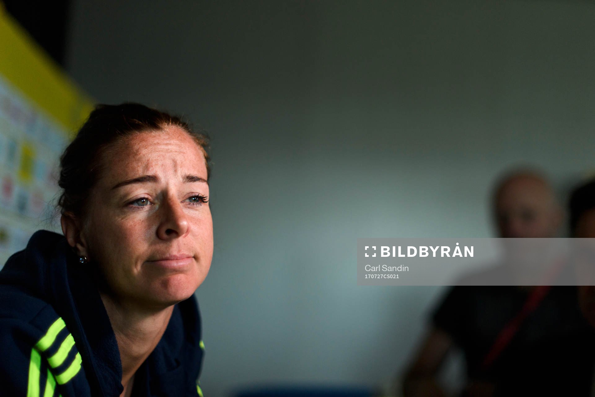 Lotta Schelin blir intervjuad på en pressträff med det svenska landslaget under dag 12 av fotbolls-EM den 27 juli 2017 i Arnhem.