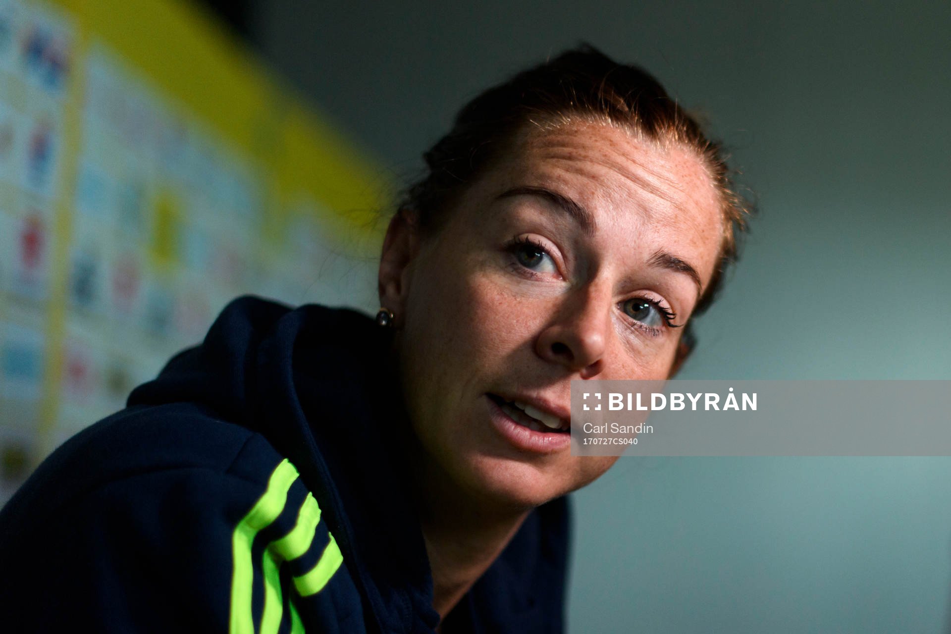 Lotta Schelin blir intervjuad på en pressträff med det svenska landslaget under dag 12 av fotbolls-EM den 27 juli 2017 i Arnhem.