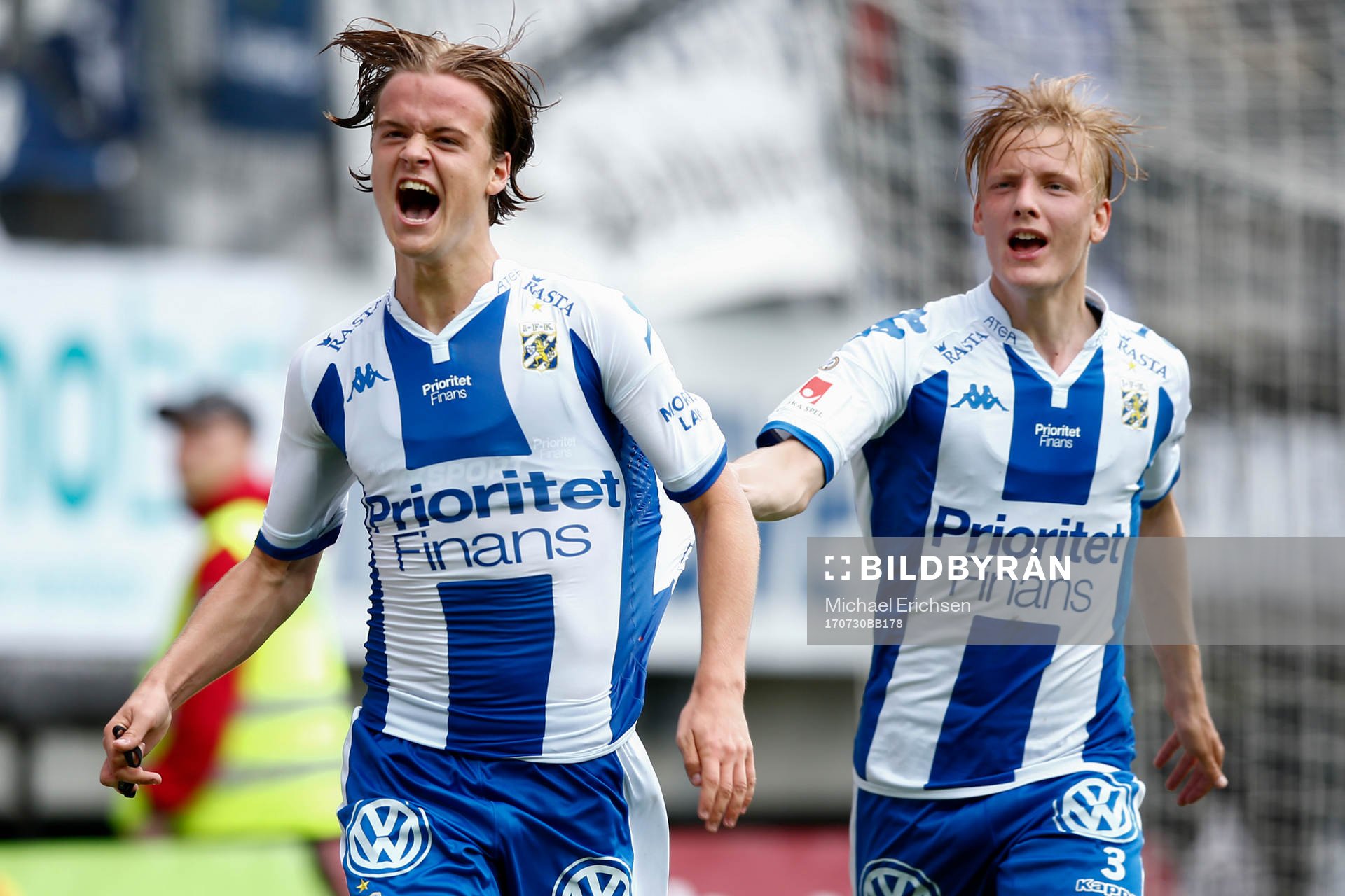 IFK Göteborgs August Erlingmark jublar efter att han gjort 4-1-målet under fotbollsmatchen i allsvenskan mellan IFK Göteborg och Norrköping den 30 juli 2017 i Göteborg.