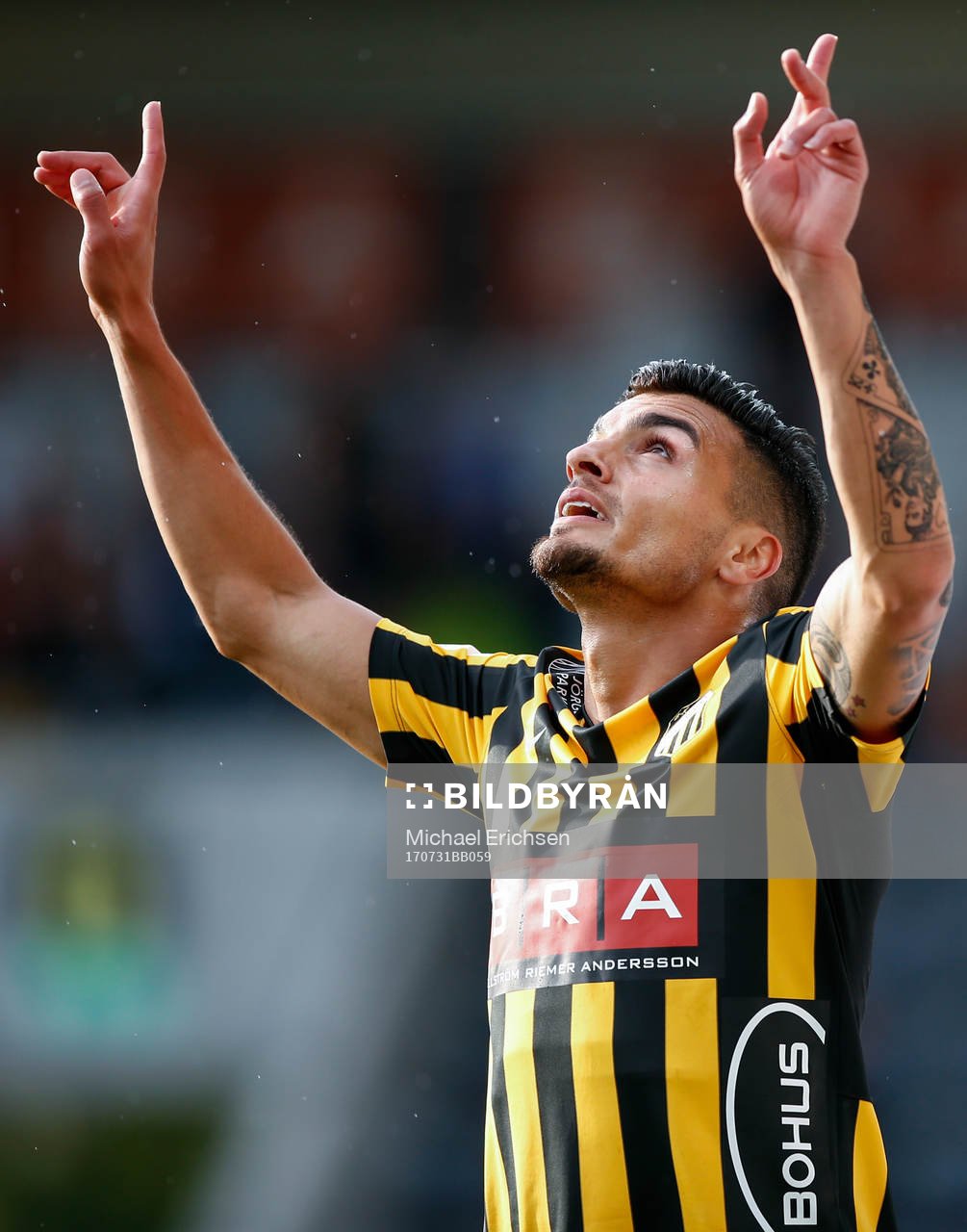 Häckens Ahmed Yasin jublar efter att han gjort 1-0-målet under fotbollsmatchen i allsvenskan mellan Häcken och Örebro den 31 juli 2017 i Göteborg.