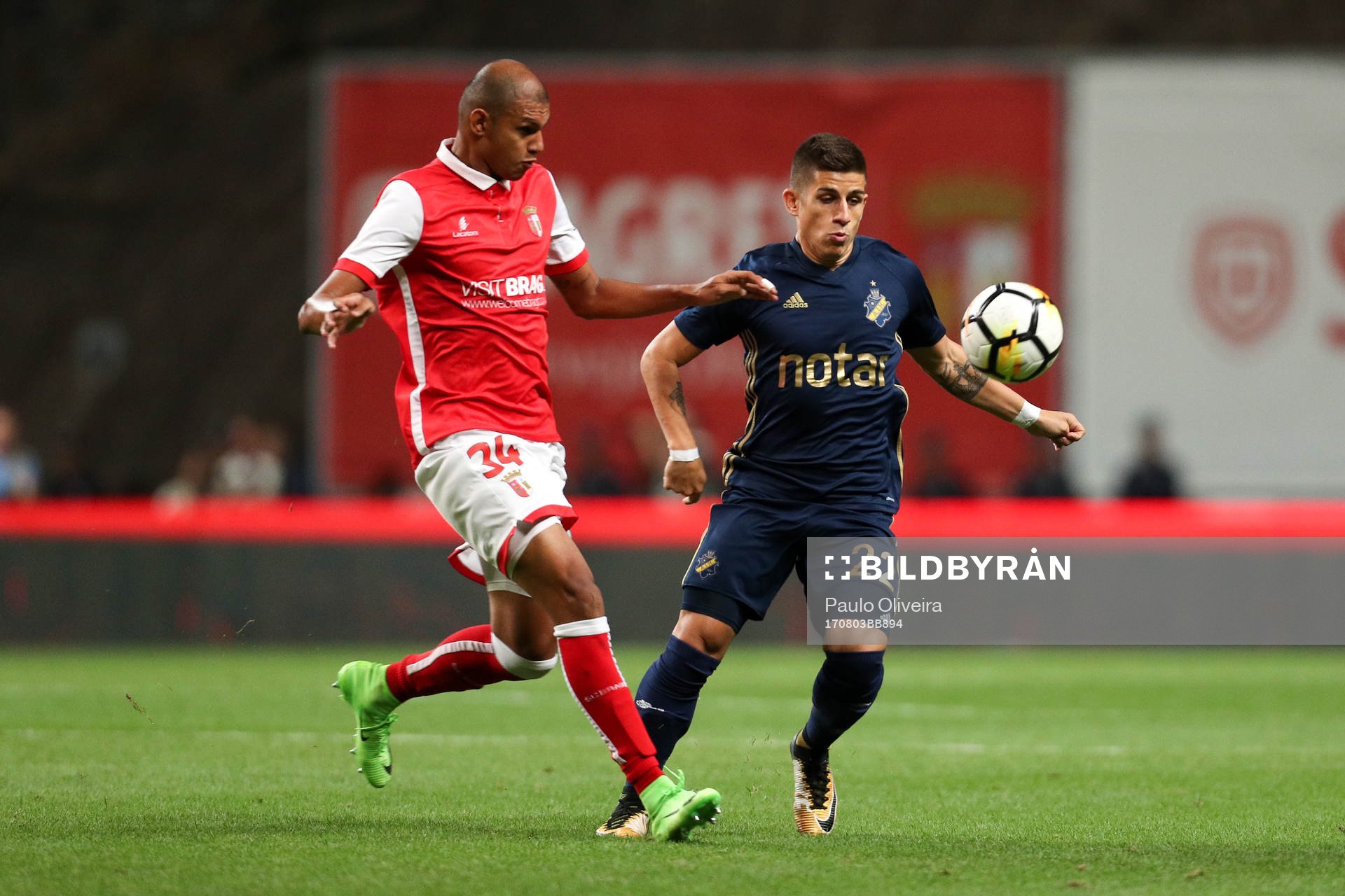 Raul Silva defender of SC Braga (L) in action with Nicolas