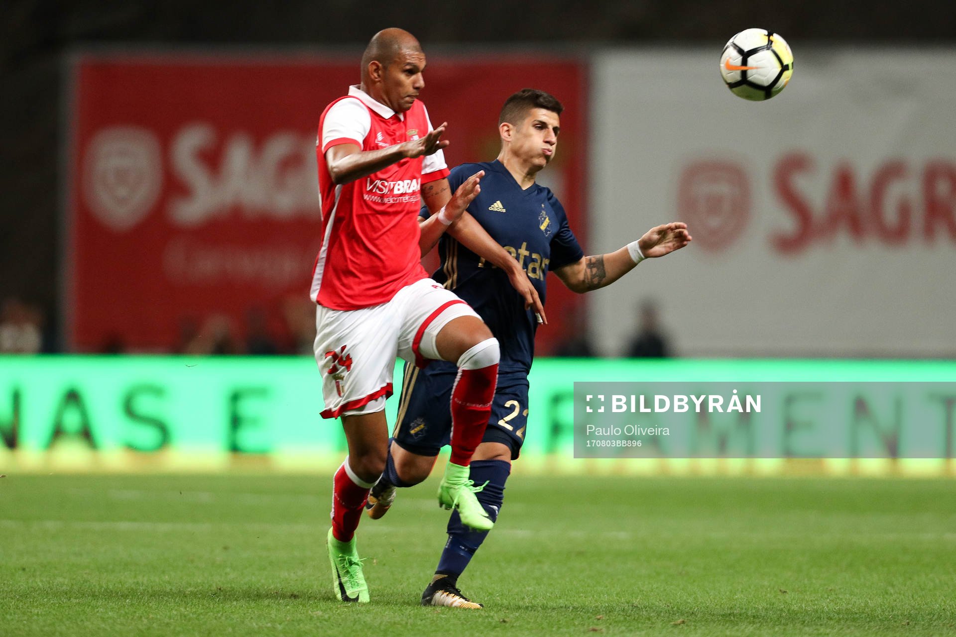 Raul Silva defender of SC Braga (L) in action with Nicolas