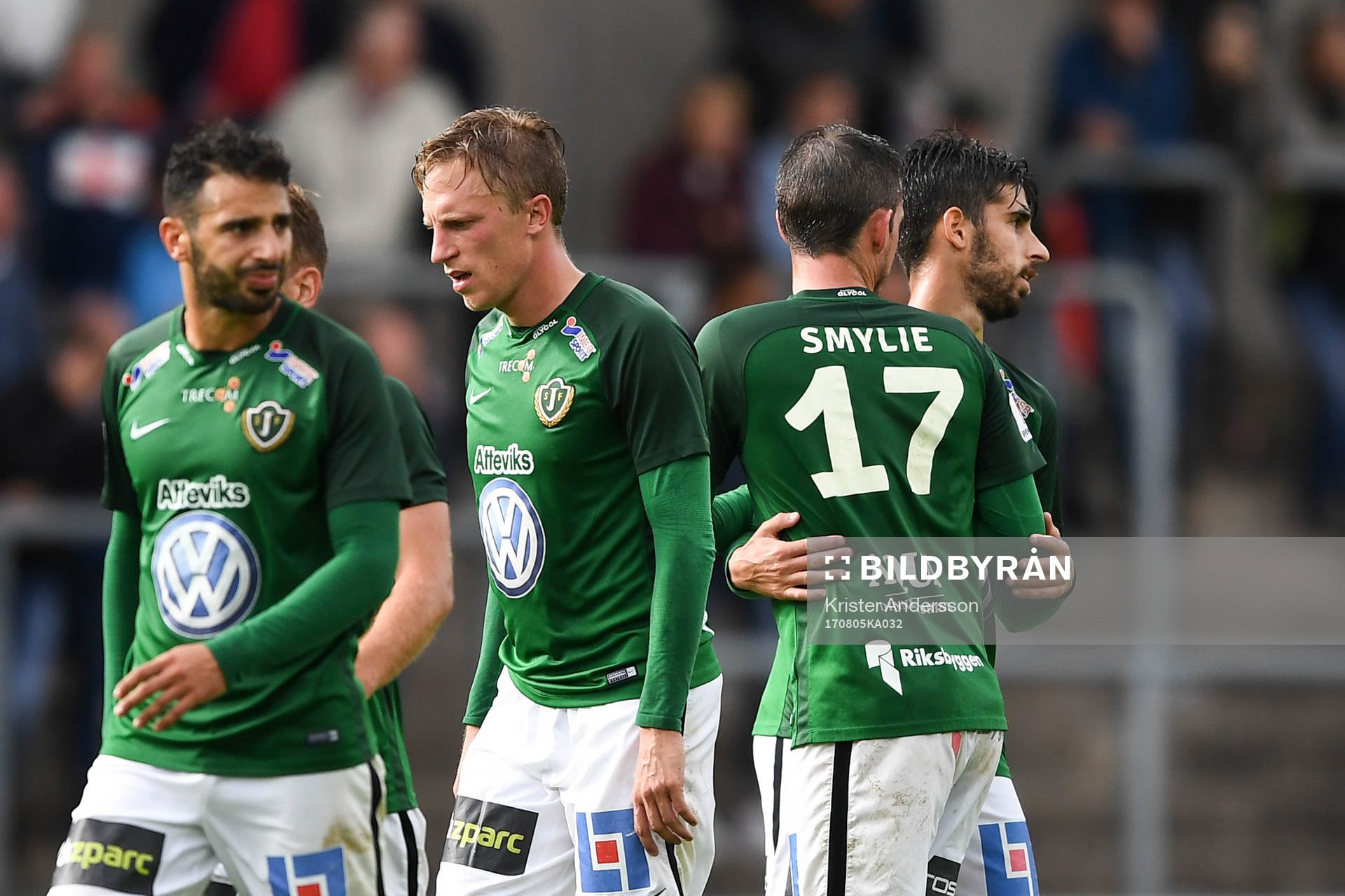 Jönköpings Daryl Smylie gör 6-1 under fotbollsmatchen i Allsvenskan mellan Halmstad och Jönköping den 5 augusti 2017 i Halmstad.