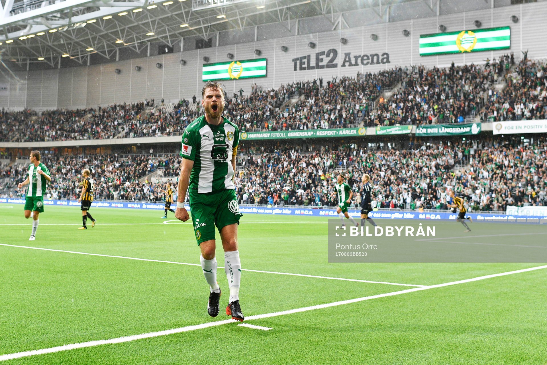 Hammarbys Arnór Smárason jublar efter att ha gjort 1-1 under fotbollsmatchen i Allsvenskan mellan Hammarby och Häcken den 6 augusti 2017 i Stockholm.