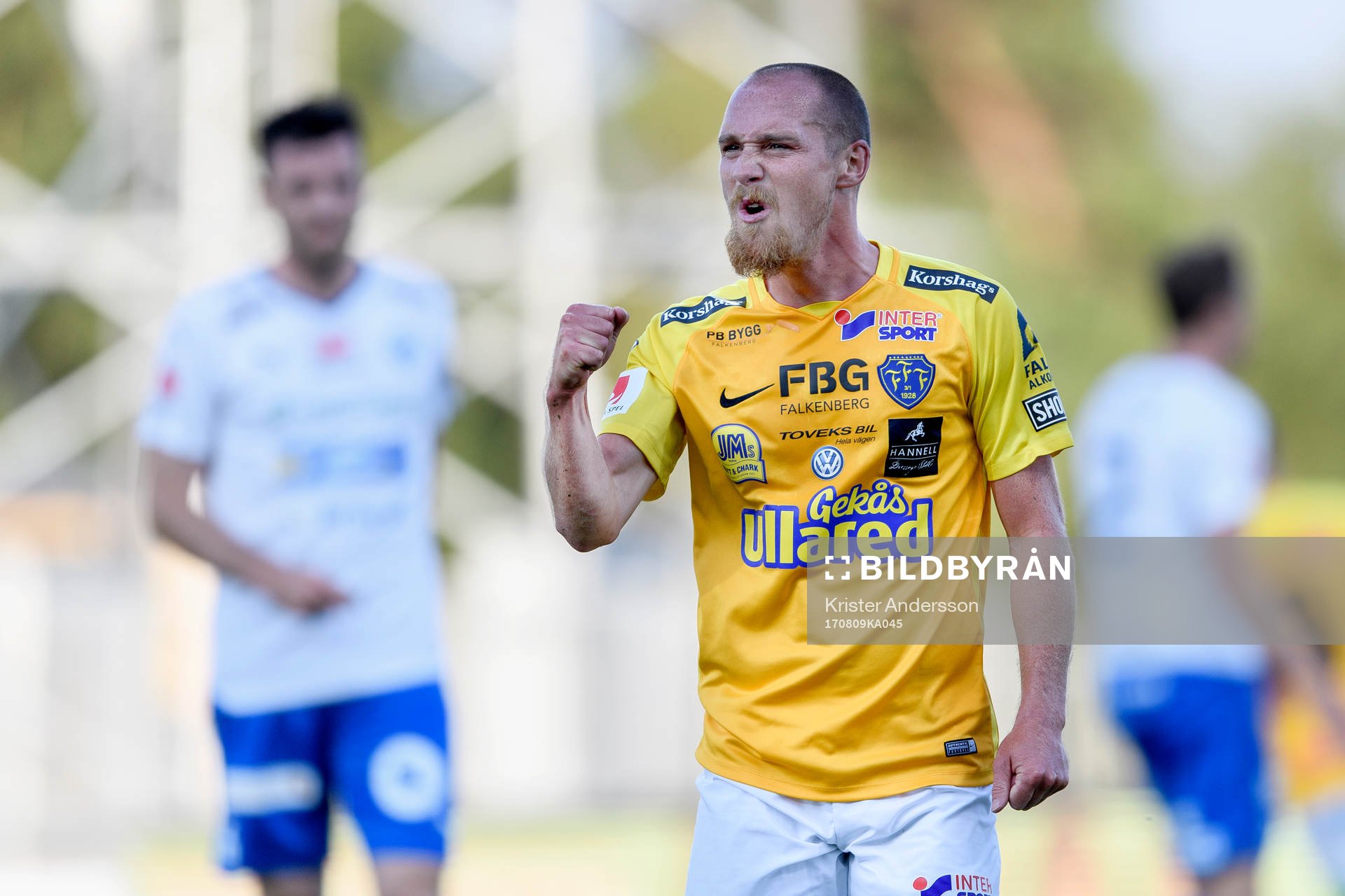 Falkenbergs Christoffer Carlsson jublar efter 1-0 under fotbollsmatchen i Superettan mellan Falkenberg och Värnamo den 9 augusti 2017 i Falkenberg.