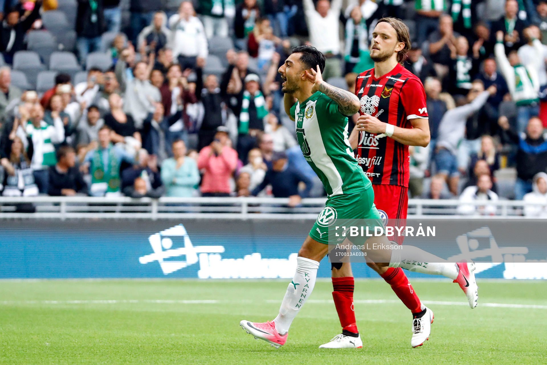 Hammarbys Jiloan Hamad jublar efter att ha gjort 2-1 på straff under fotbollsmatchen i Allsvenskan mellan Hammarby och Östersund den 13 augusti 2017 i Stockholm.
