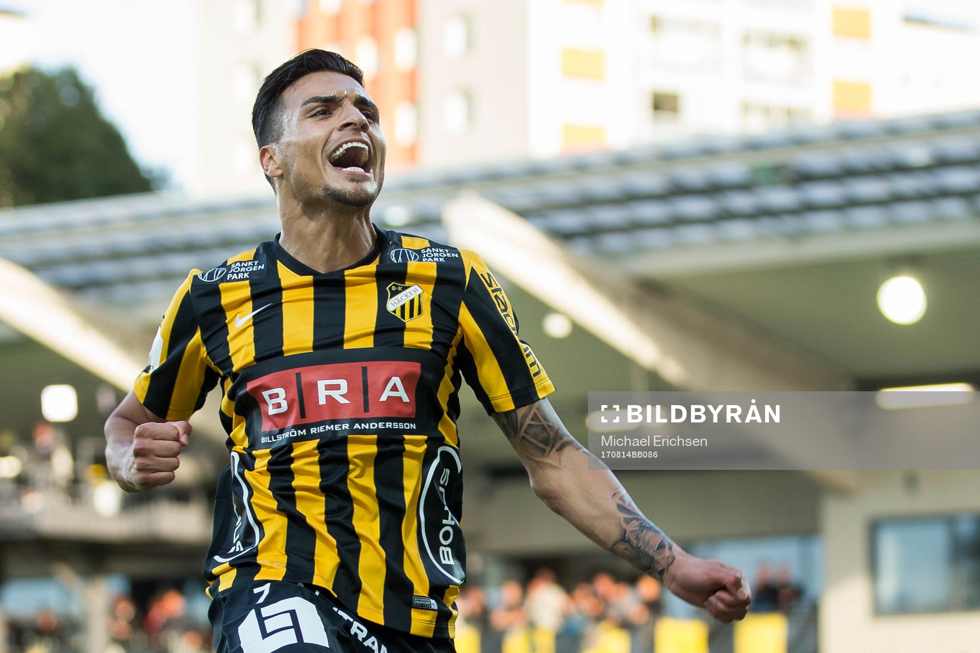 Häckens Ahmed Yasin jublar efter 1-0 under fotbollsmatchen i allsvenskan mellan Häcken och GIF Sundsvall den 14 augusti 2017 i Göteborg.