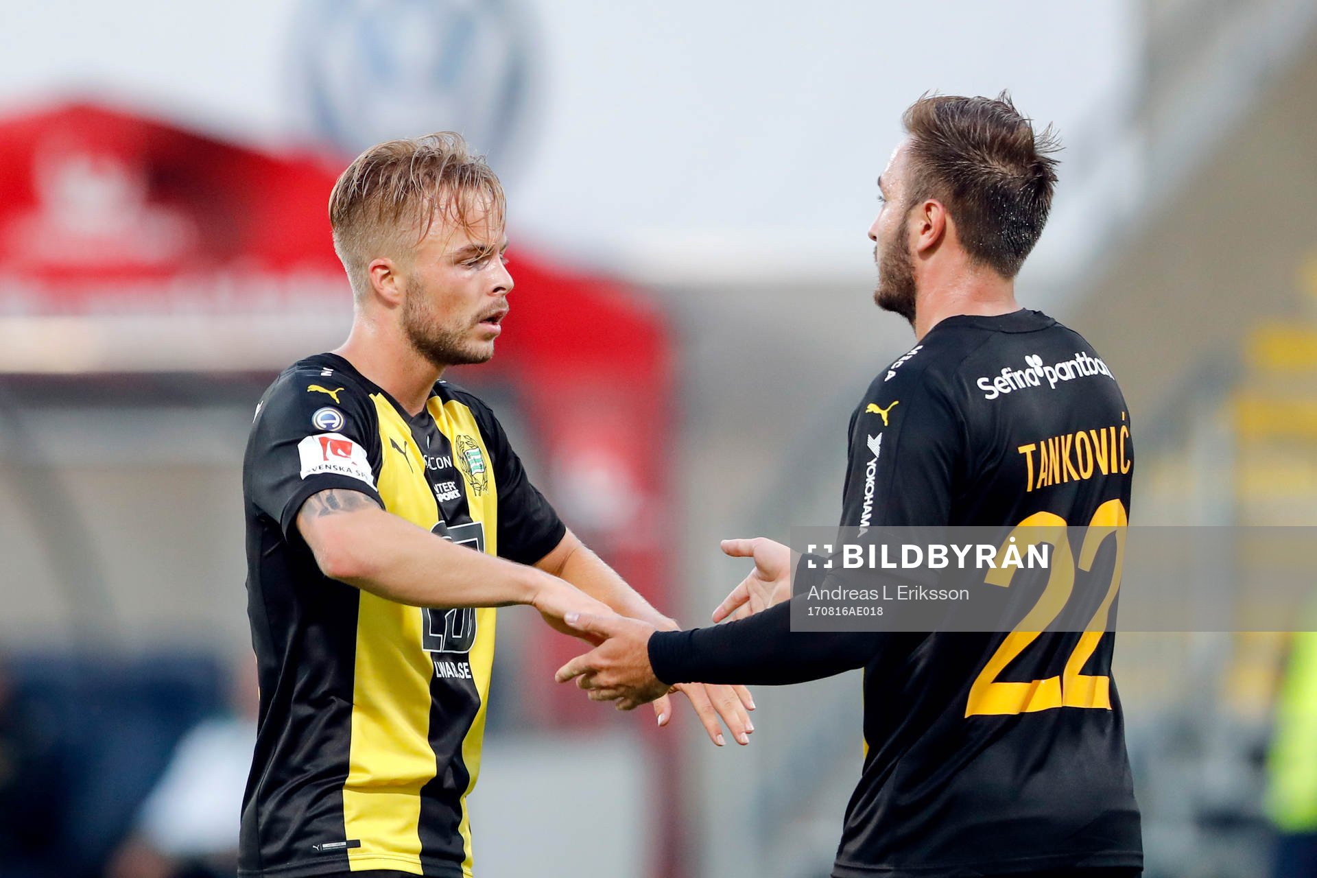 Hammarbys Sander Svendsen och Muamer Tankovic jublar efter 1-3 av Svendsen under fotbollsmatchen i Svenska cupen mellan Akropolis och Hammarby den 16 augusti 2017 i Stockholm.