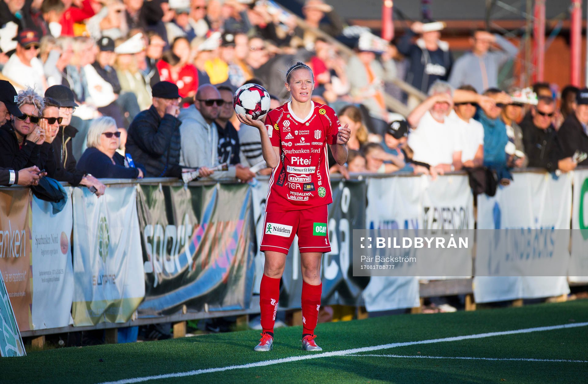 Piteås Lena Blomqvist under fotbollsmatchen i damallsvenskan mellan Piteå och Kopparbergs/Göteborg den 17 augusti 2018 i Piteå.