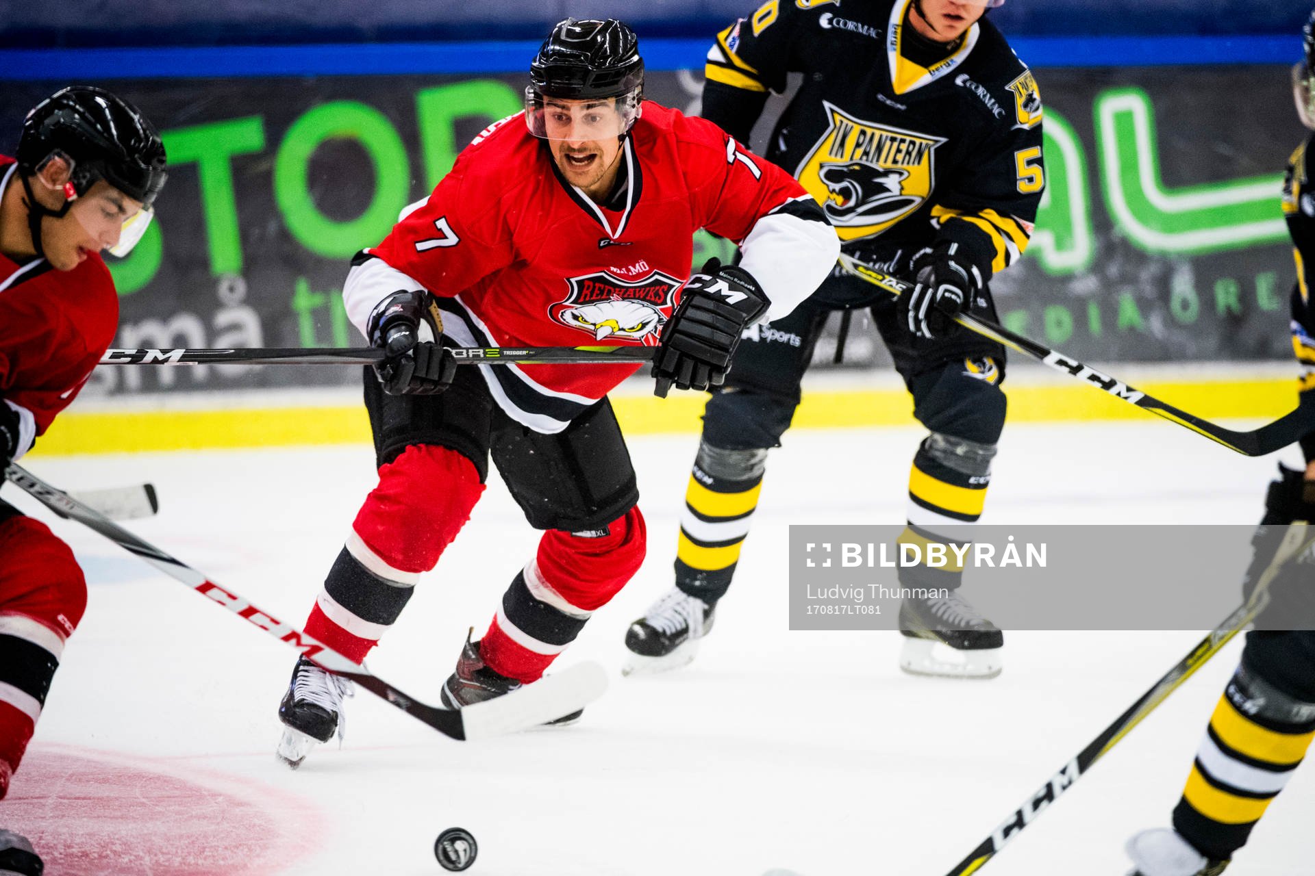 Malmö Redhawks Nils Andersson i kamp om pucken