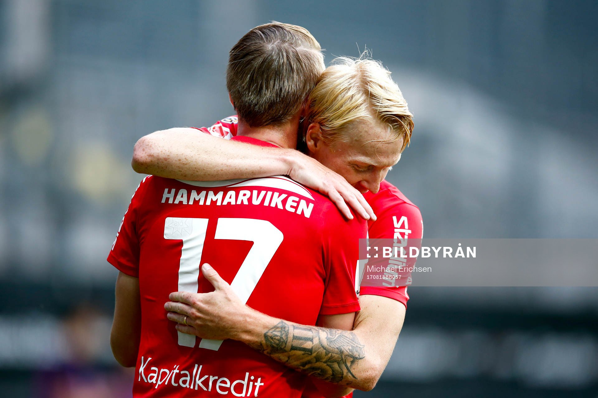 Örgrytes Emil Skogh och Sebastian Carlsén jublar efter 1-0 av Skogh under fotbollsmatchen i Superettan mellan Örgryte och Frej den 18 augusti 2017 i Göteborg.