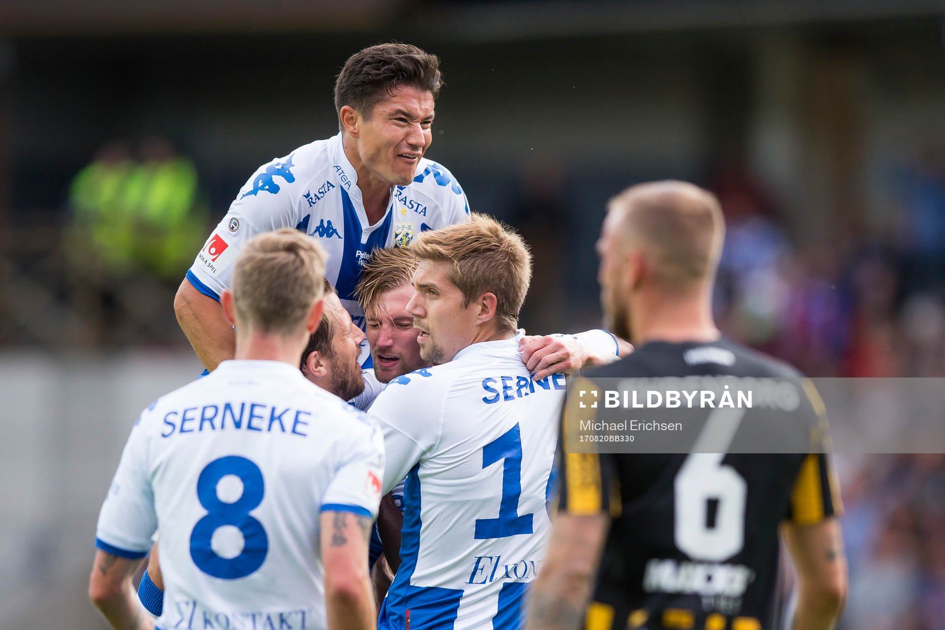 IFK Göteborgs jubel efter att Sebastian Eriksson gjort 1-0 under den allsvenska fotbollsmatchen mellan IFK Göteborg och Häcken den 20 augusti 2017 i Göteborg.