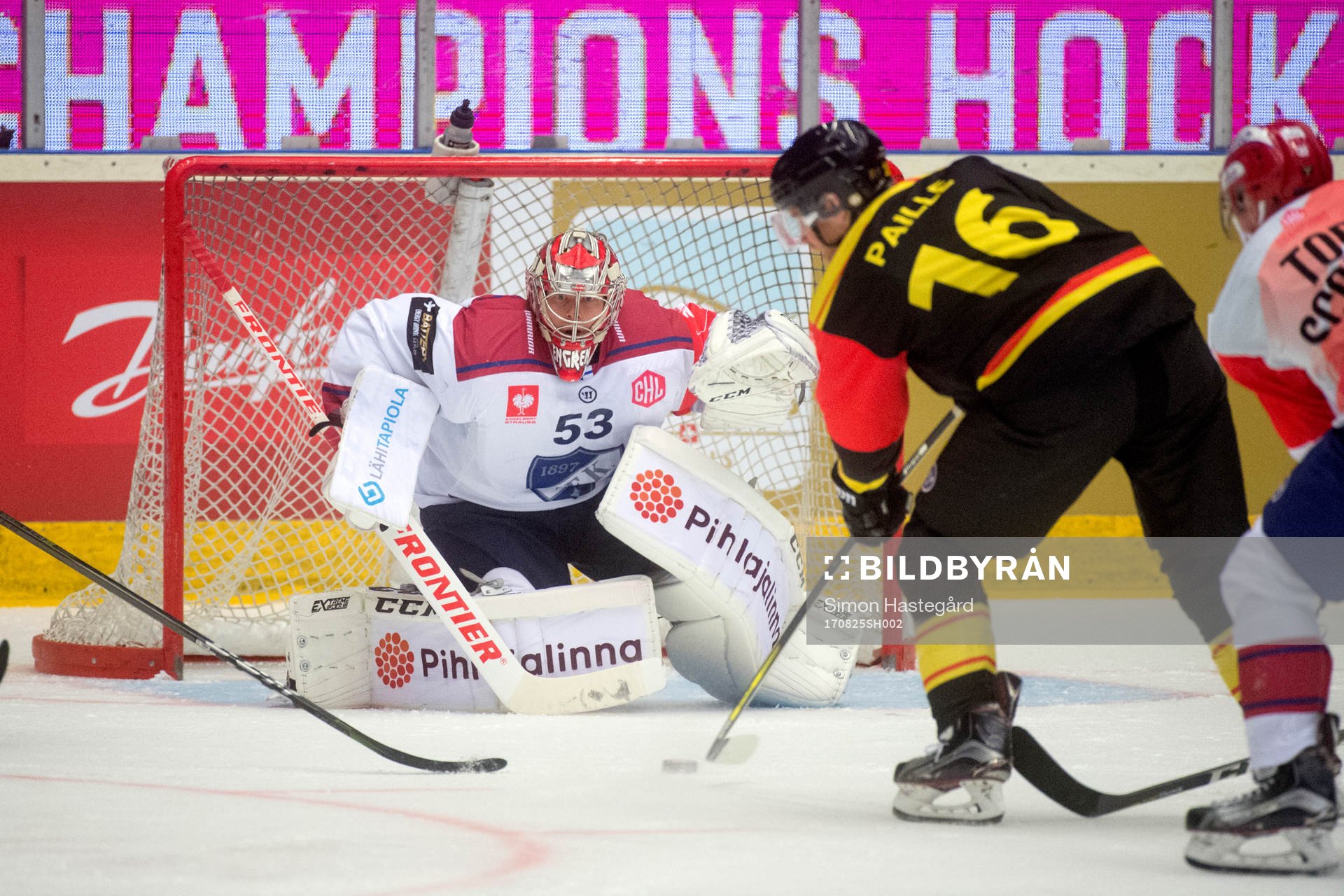 Goalkeeper Atte Engren of Helsinki and Daniel Paille of