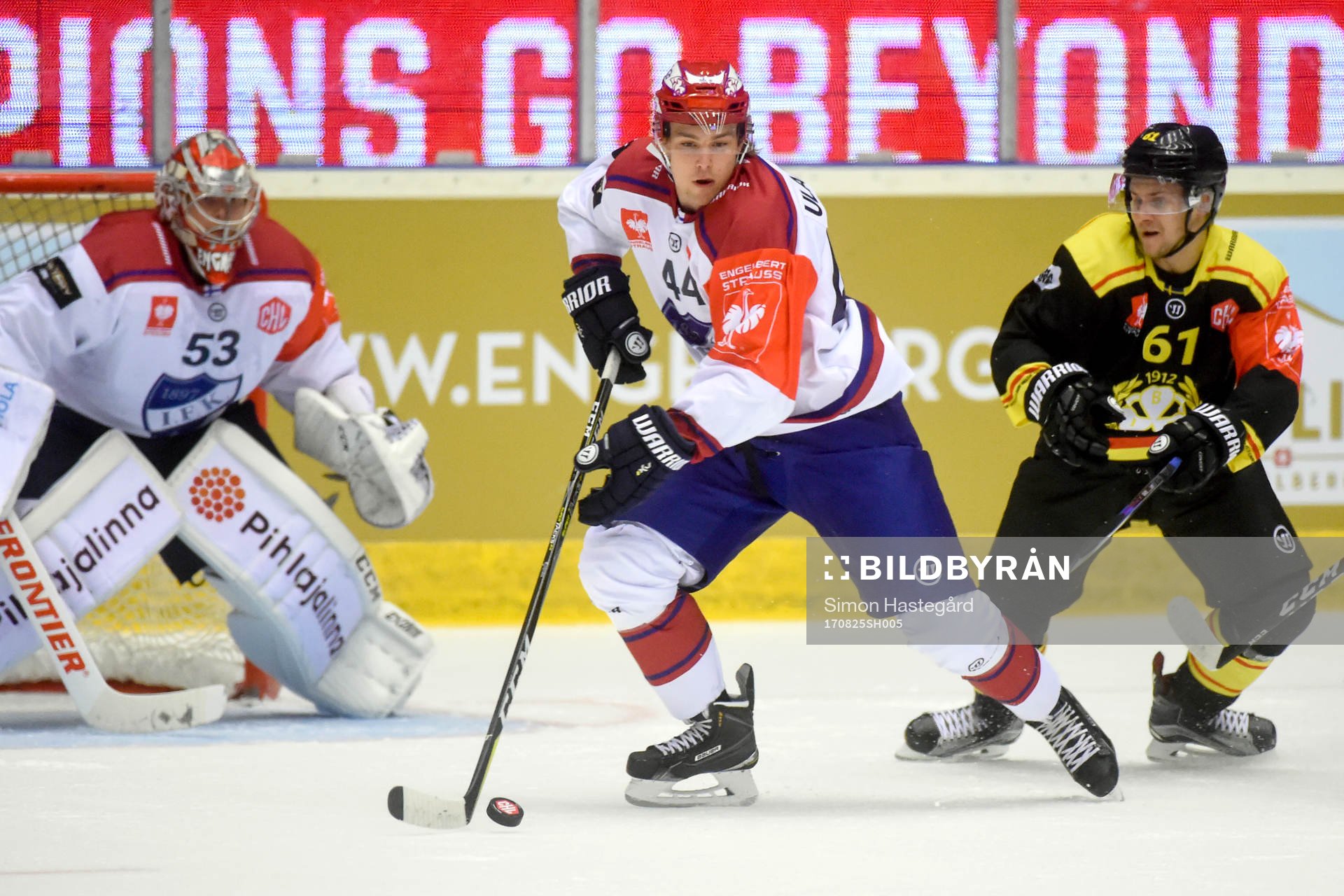 Goalkeeper Atte Engren and Elias Ulander of Helsinki and