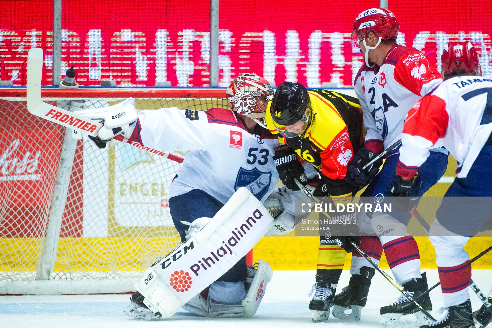 Daniel Pailleof Brynäs collides with Goalkeeper Atte