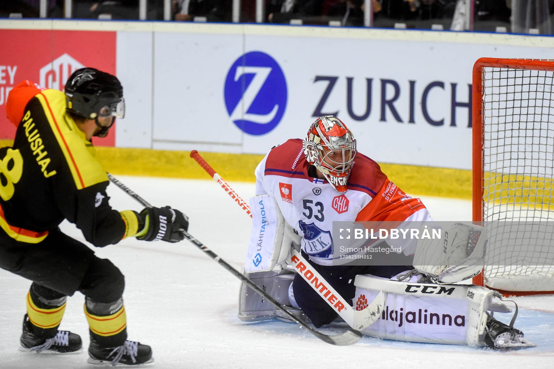 Aaron Palushaj of Brynäs scores 2-1 past Goalkeeper Atte