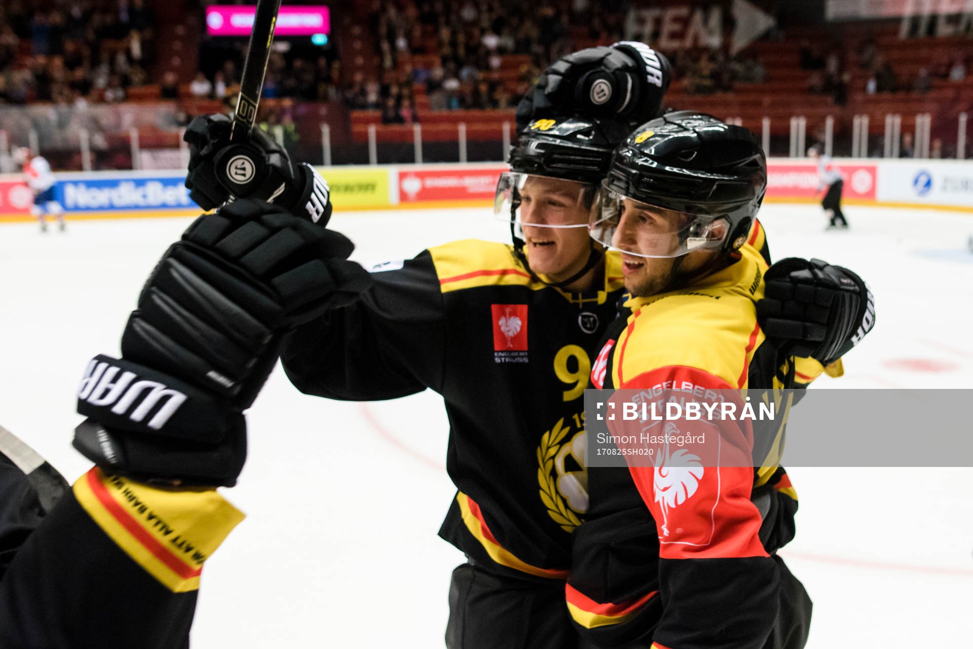 Aaron Palushaj of Brynäs celebrates with teammate Jesper