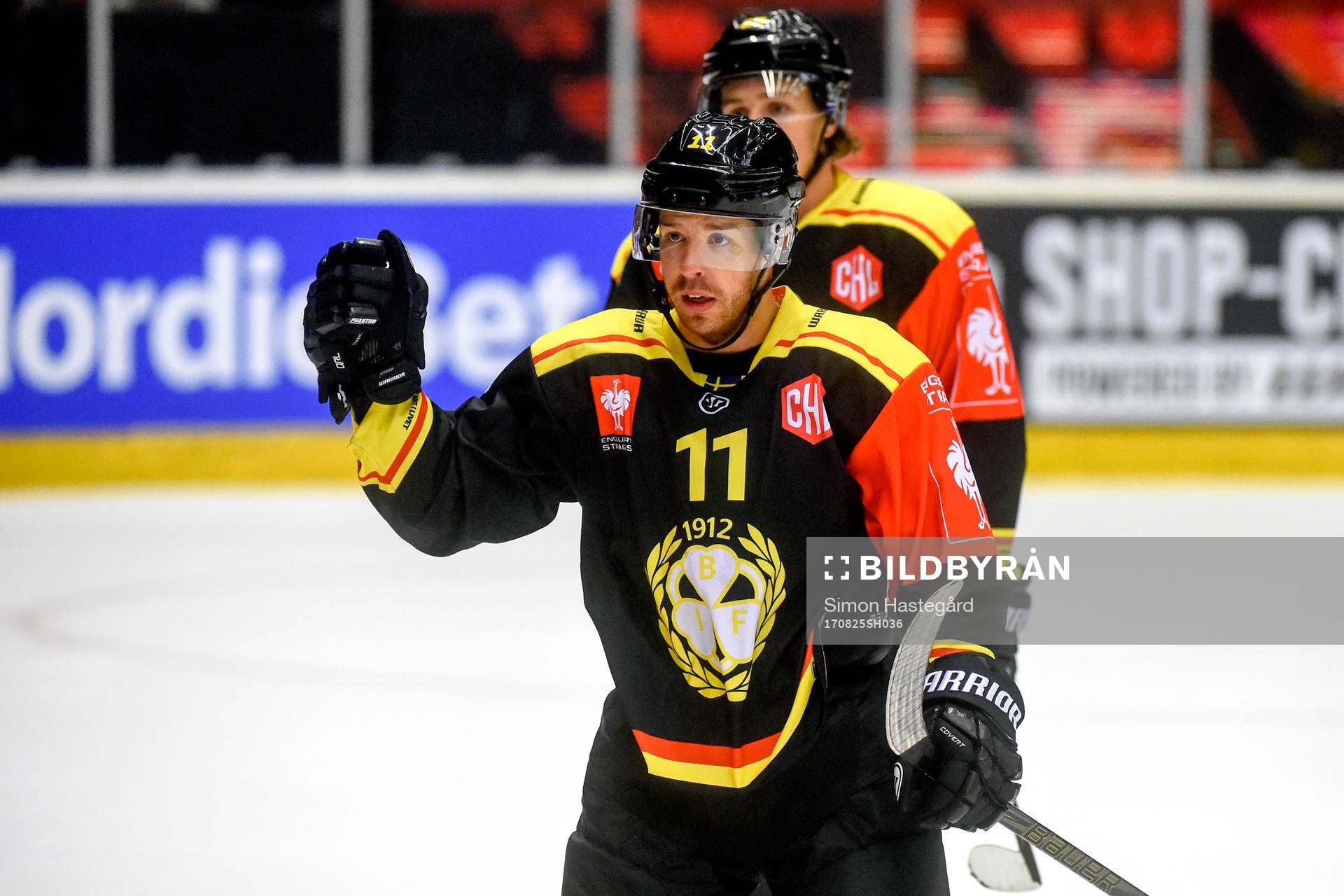 Kevin Clark of Brynäs celebrates with his teammates
