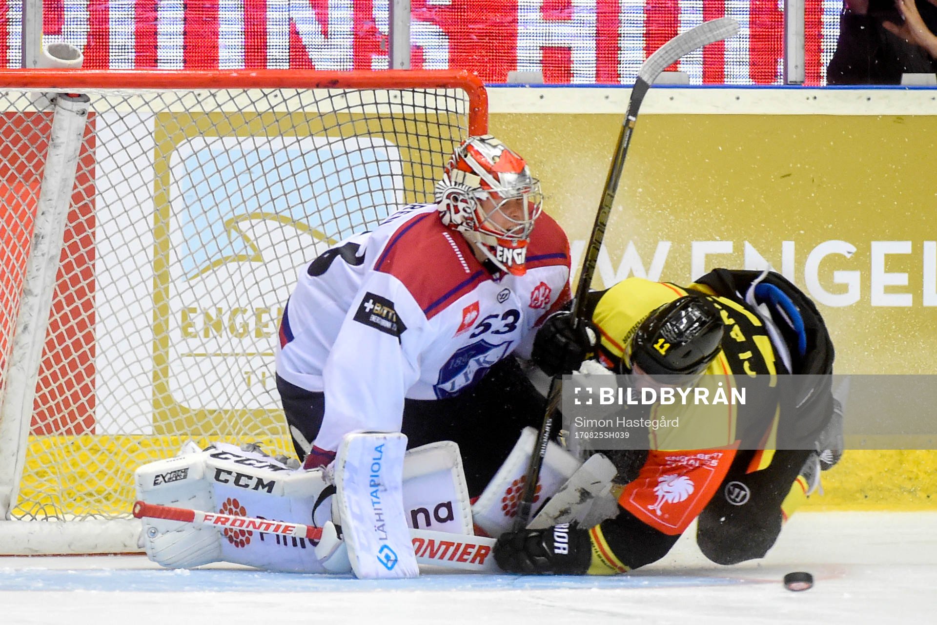 Kevin Clark of Brynäs scores a penalty past Goalkeeper