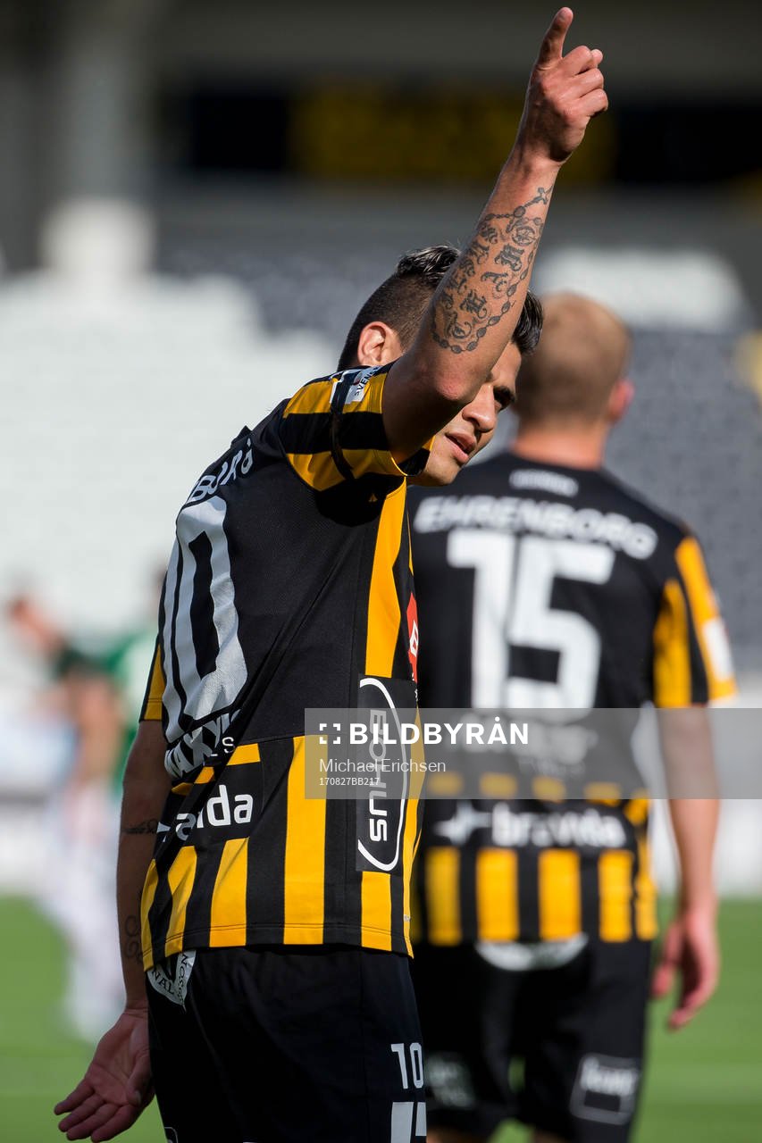 Häckens Paulinho jublar efter 3-0 under fotbollsmatchen i allsvenskan mellan Häcken och Jönköping den 27 augusti 2017 i Göteborg.
