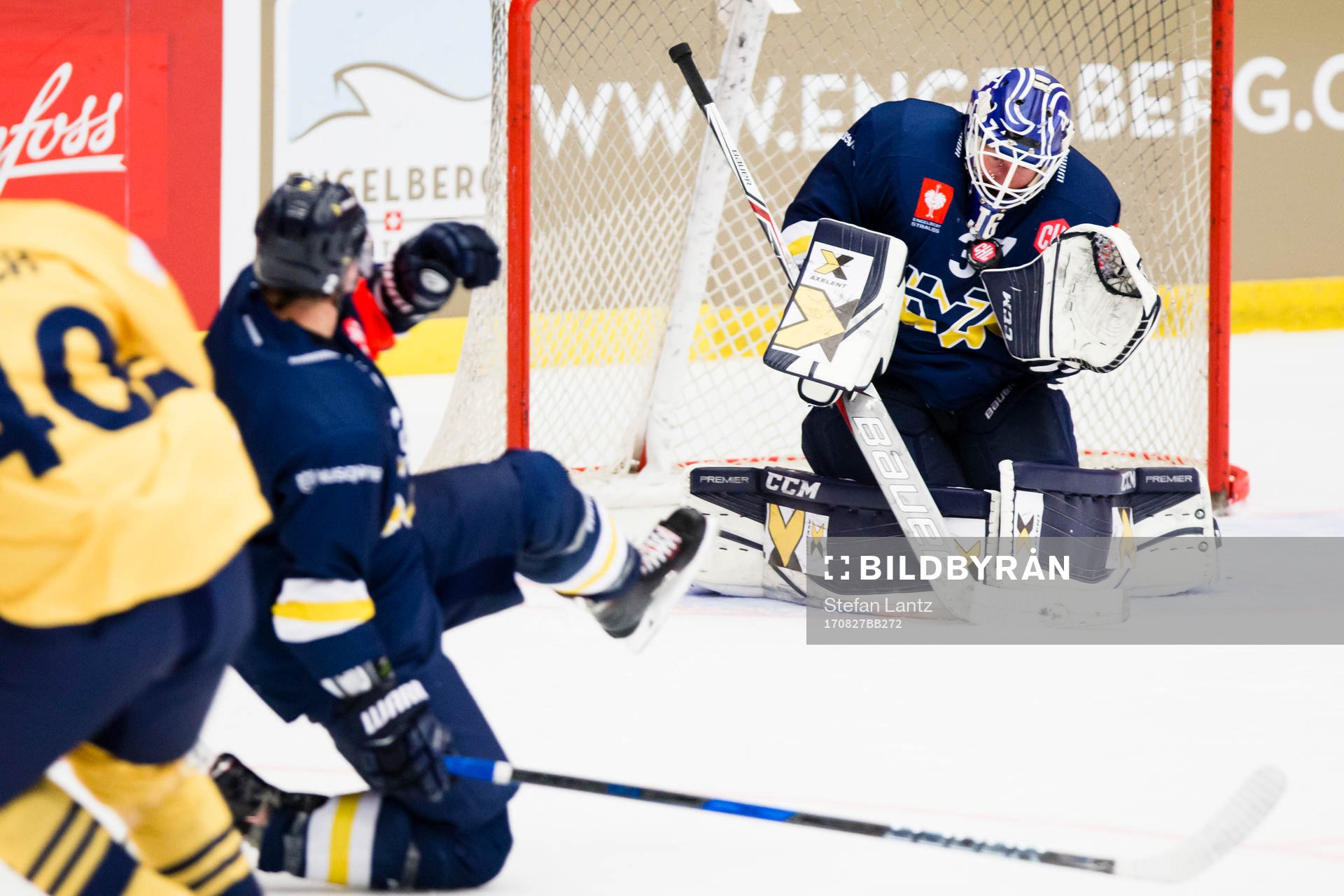 Jonas Gunnarsson goaltender of HV71 makes a save