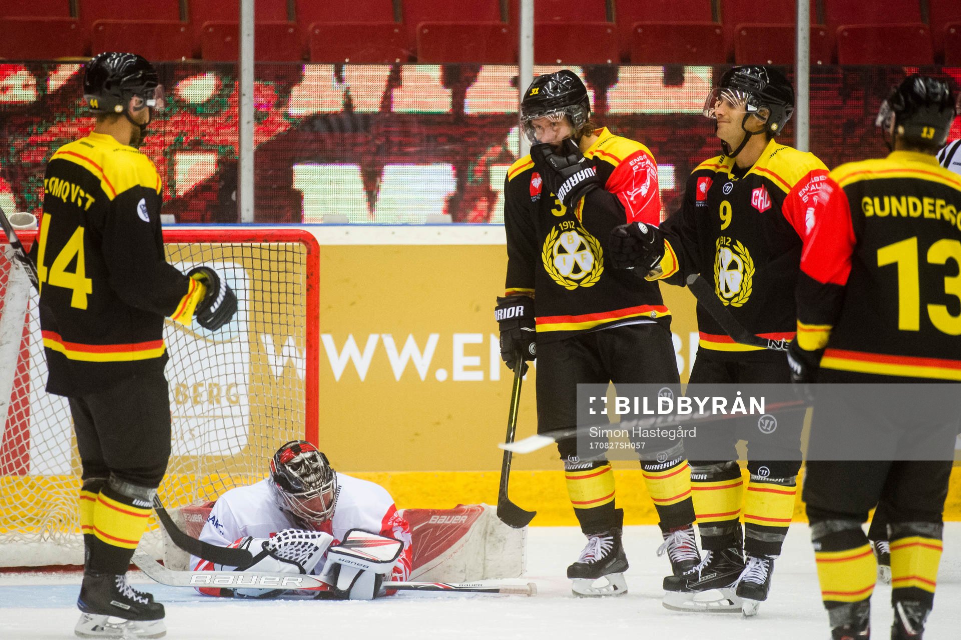 Louie Caporusso of Brynäs celebrates with teammates Jacob