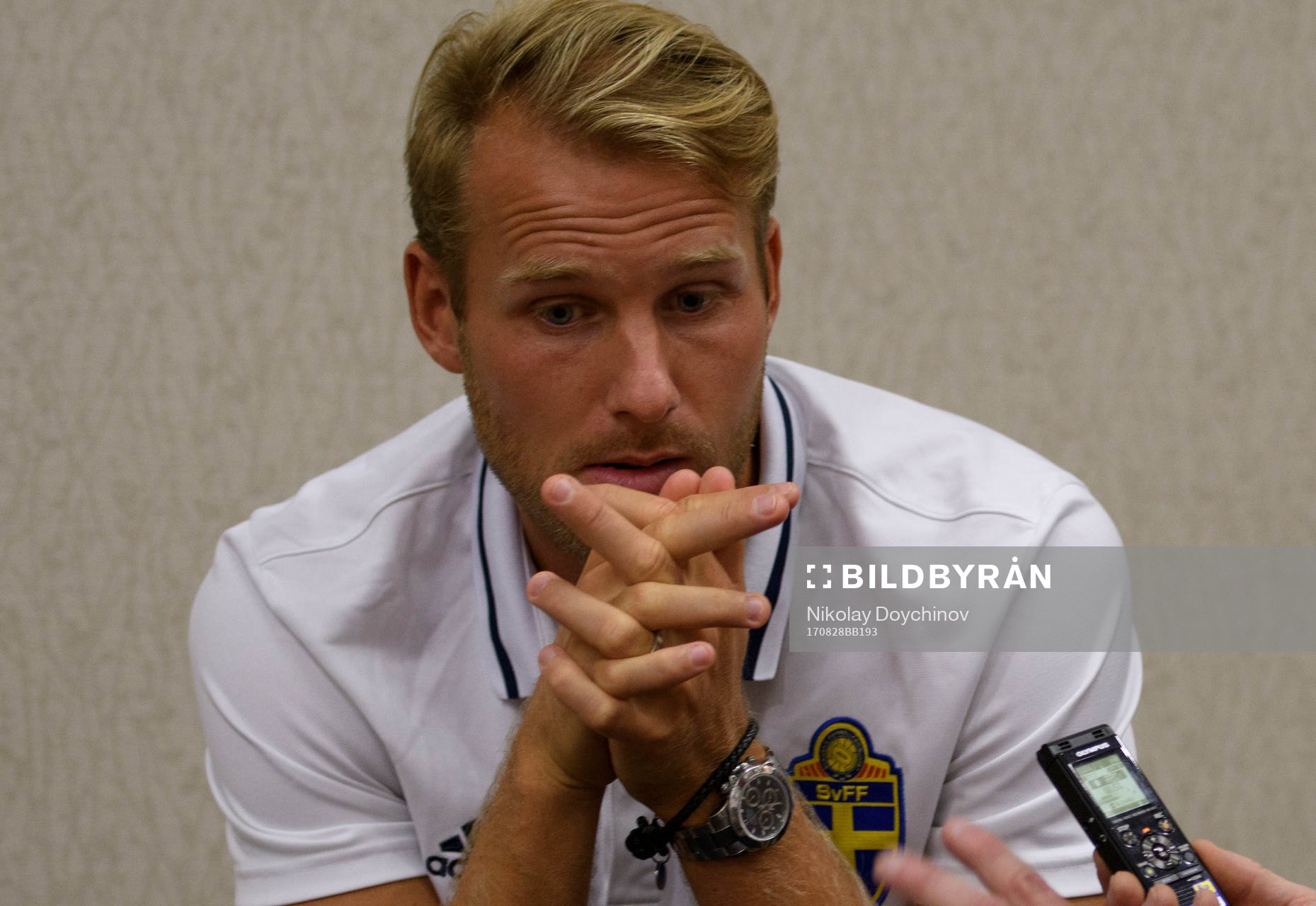 Swedish player Ola Toivonen meets media at a Mixed Zone