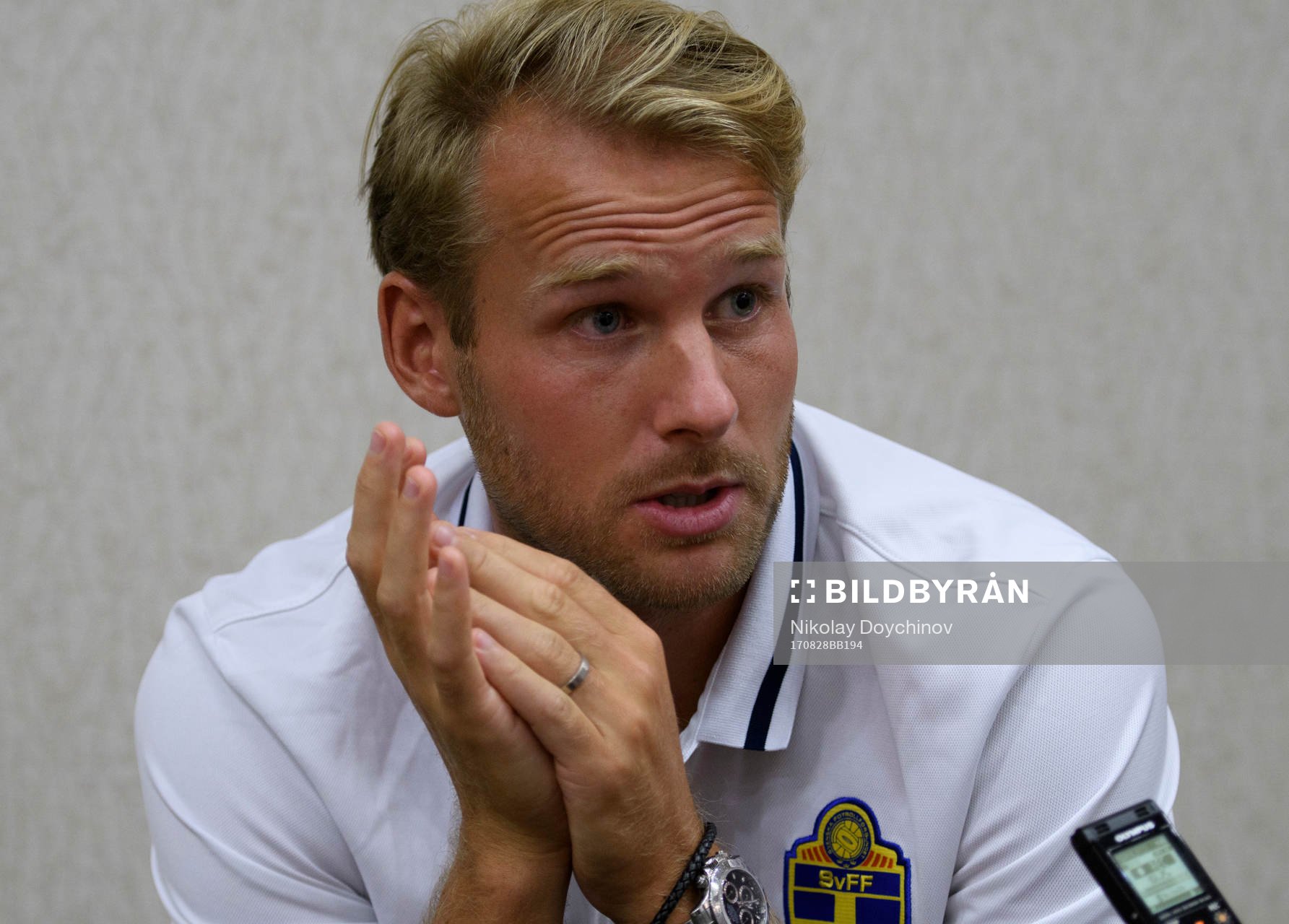 Swedish player Ola Toivonen meets media at a Mixed Zone