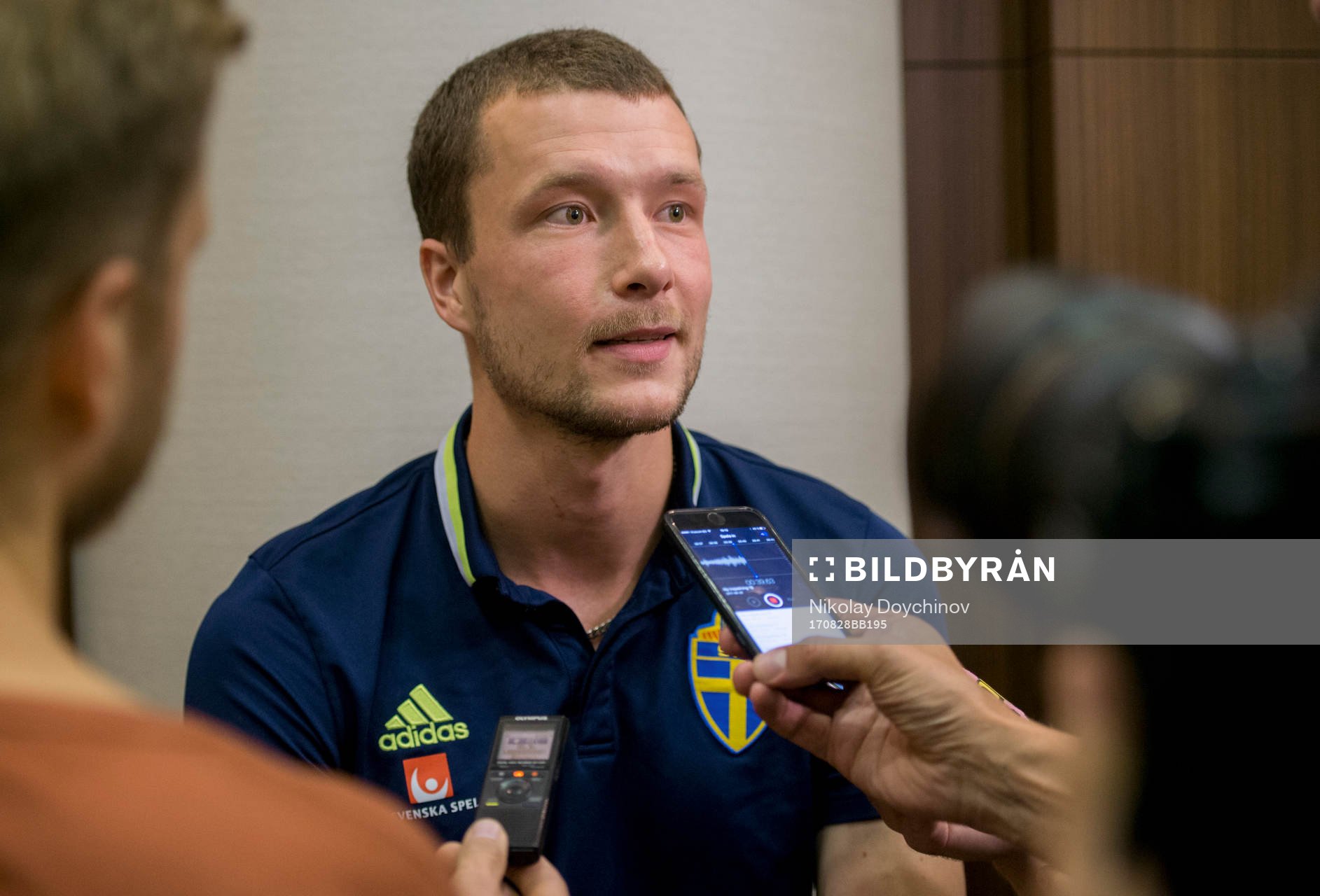 Swedish player Jakob Johansson meets media at a Mixed Zone