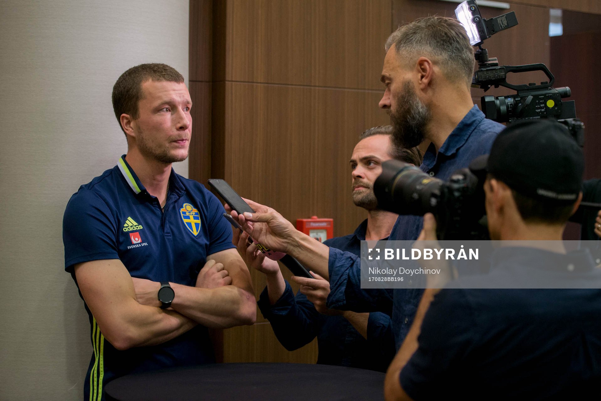 Swedish player Jakob Johansson meets media at a Mixed Zone