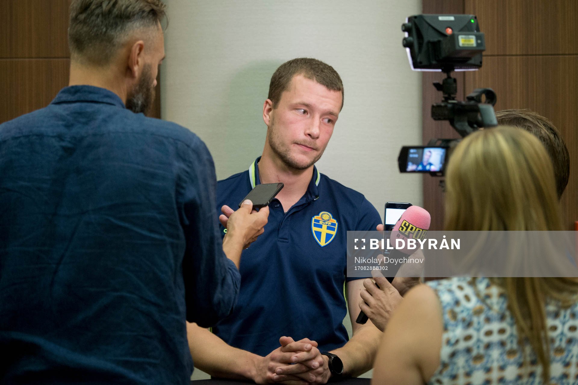 Swedish player Jakob Johansson meets media at a Mixed Zone