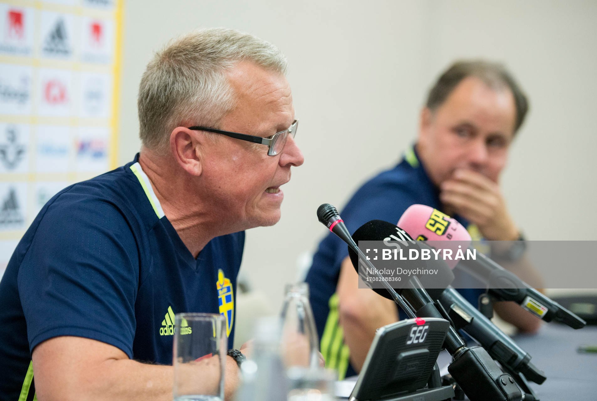 Swedish head coach Janne Andersson talks at a press