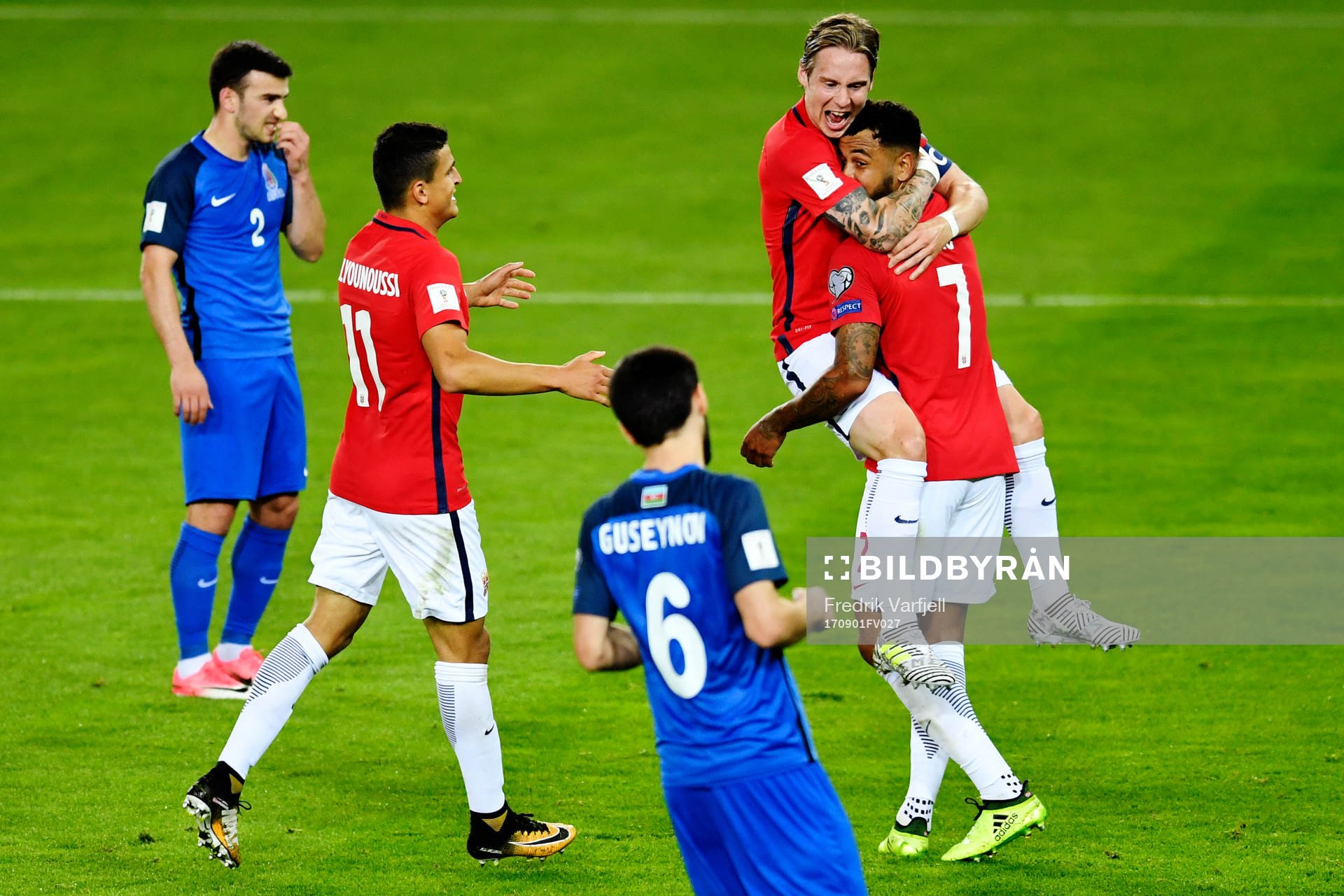 Joshua King of Norway celebrates with teammates